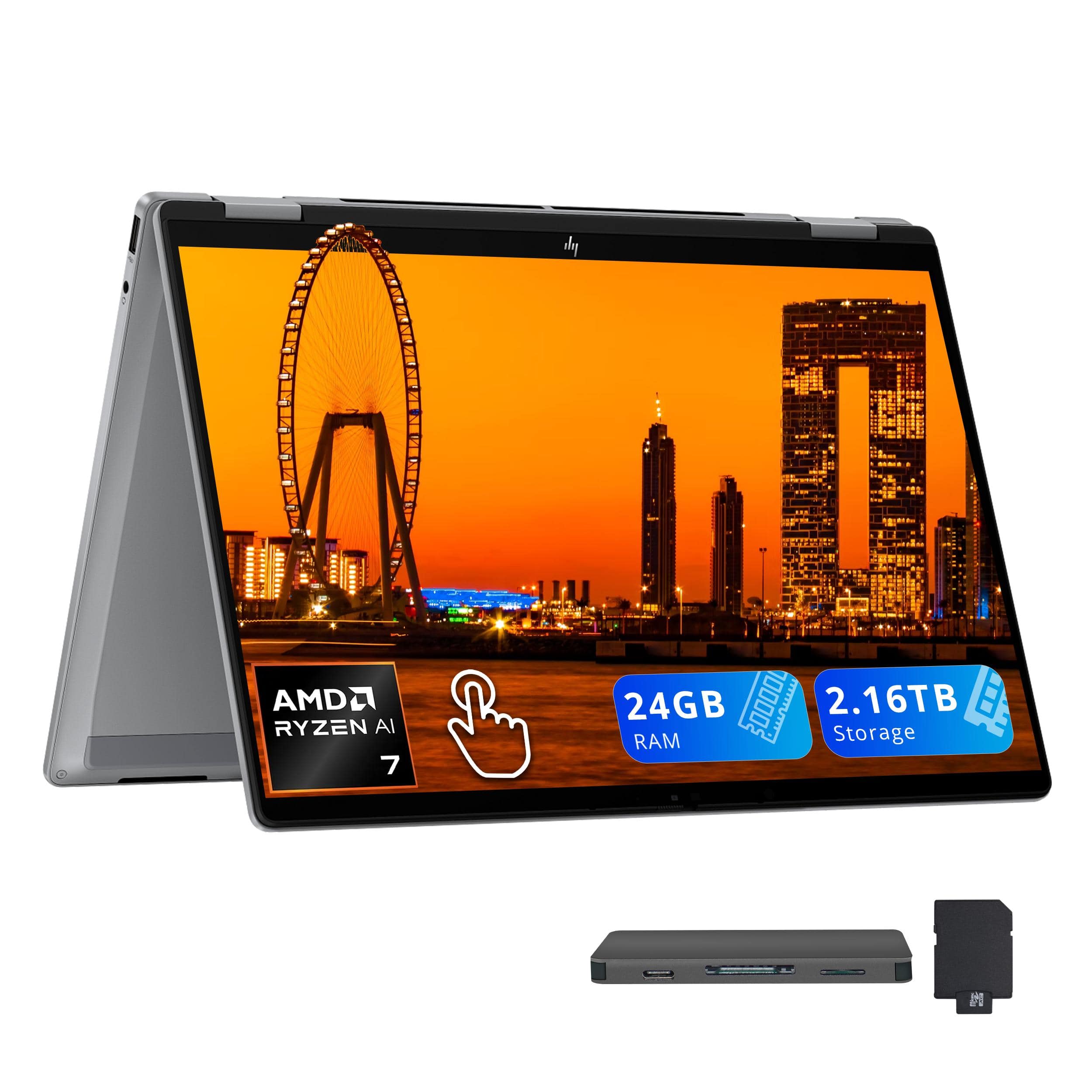 HP - OmniBook X Flip 14" 2K Touch-Screen 2-in-1 Laptop,AMD Ryzen AI 7 350,24GB LPDDR5X,2TB SSD+160GB Docking Station,Win 11 - Silver