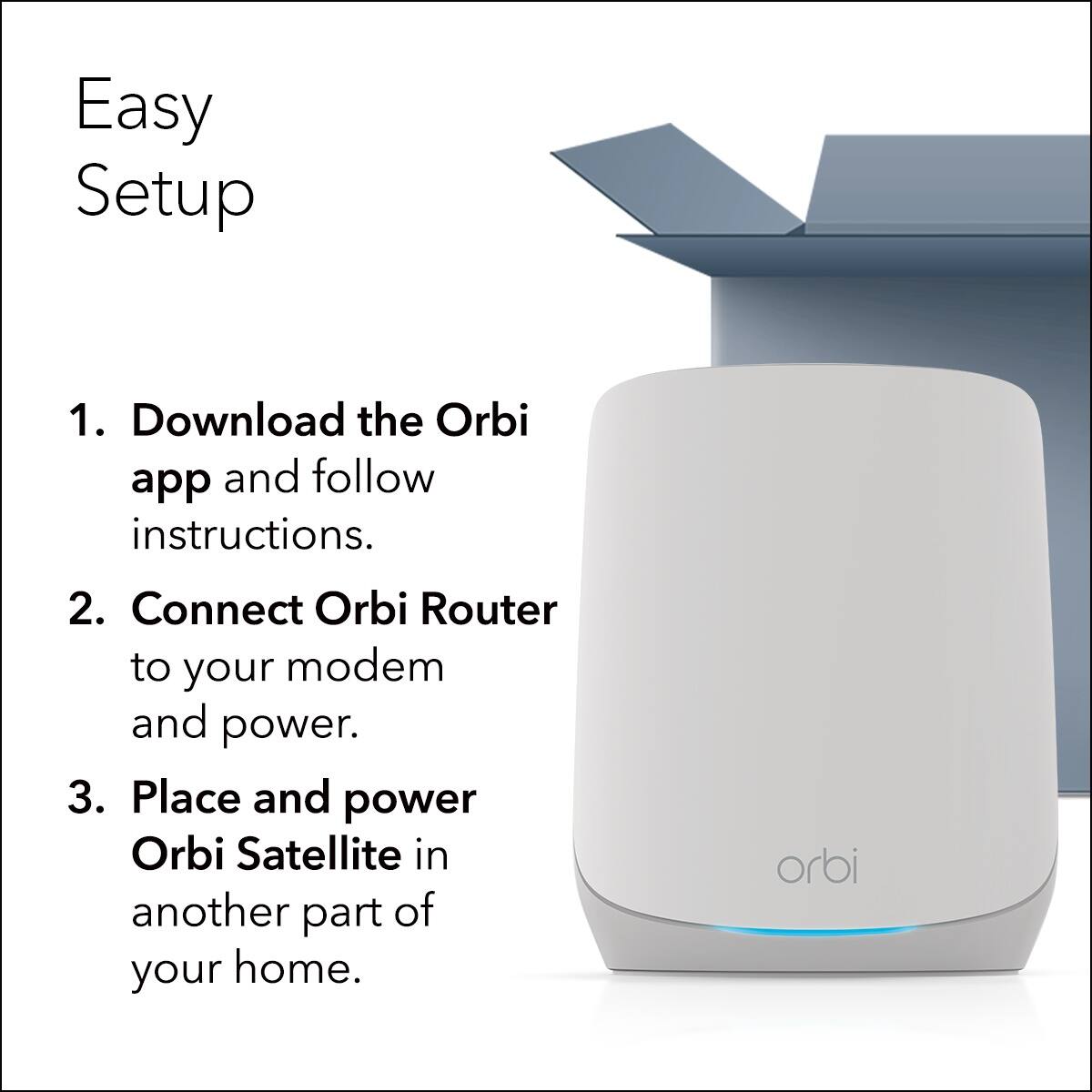 Easy Setup:

1. Download the Orbi app and follow instructions.
2. Connect Orbi Router to your modem and power.
3. Place and power Orbi Satellite in another part of your home.