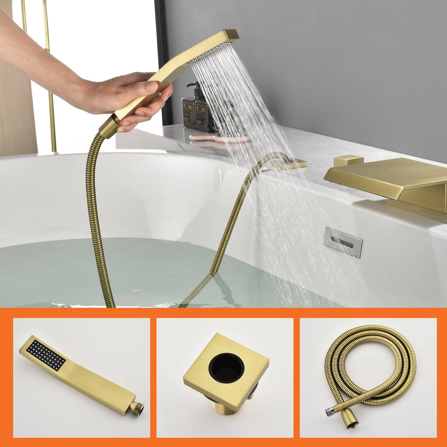Alt View 2. Boyel Living - Brushed Gold Polygonal Bathtub Faucet with Handheld Shower and Waterfall Outlet Cold and Hot Dual Control - Brushed Gold.