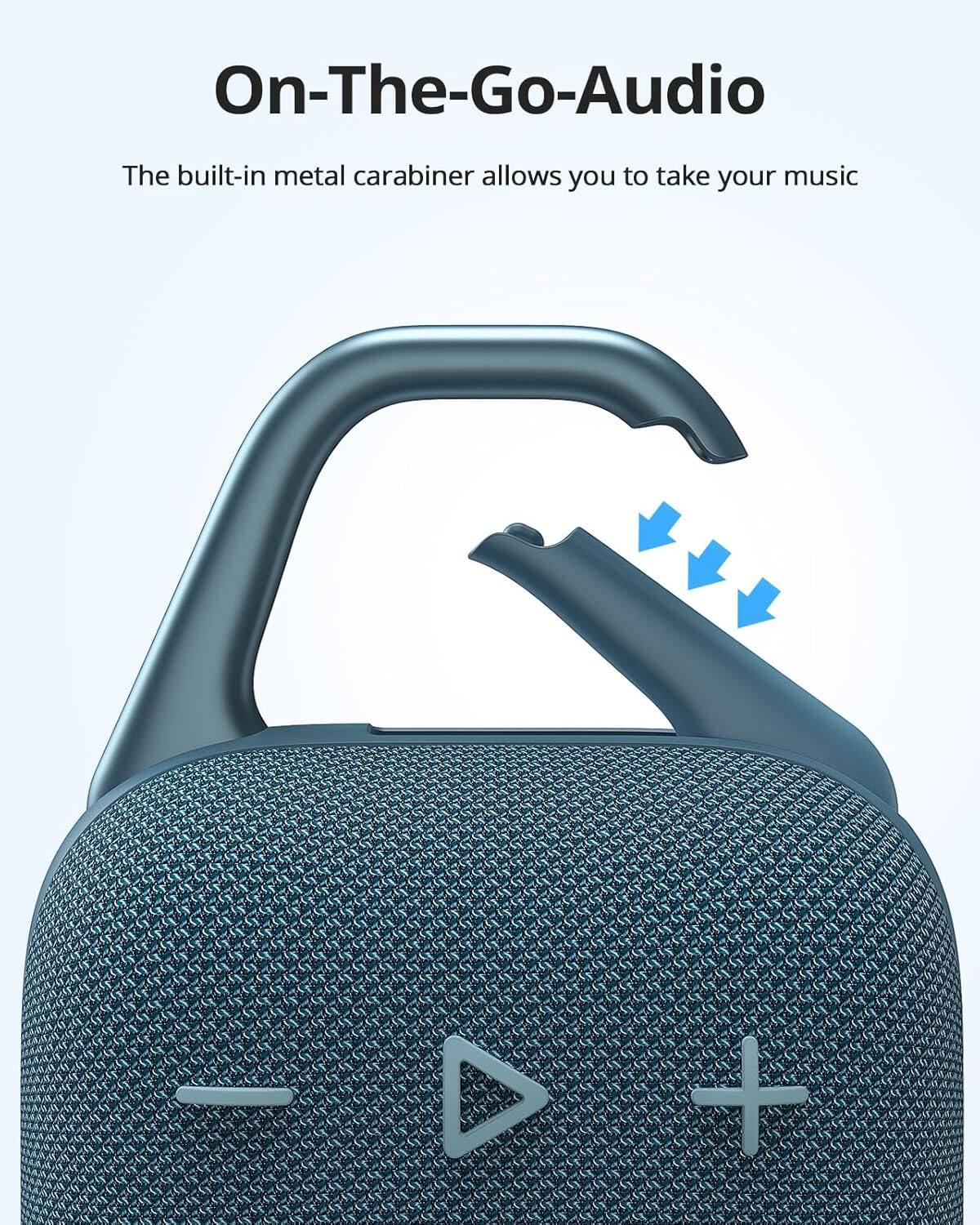 On-The-Go-Audio: The built-in metal carabiner allows you to take your music wherever you go.