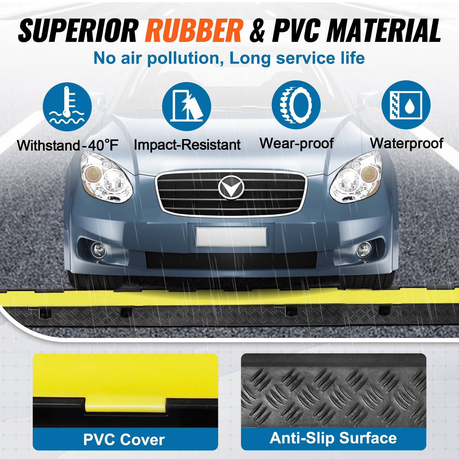 SUPERIOR RUBBER & PVC MATERIAL
No air pollution, Long service life
Withstand-40F
Impact-Resistant
Wear-proof
Waterproof
PVC Cover
Anti-Slip Surface