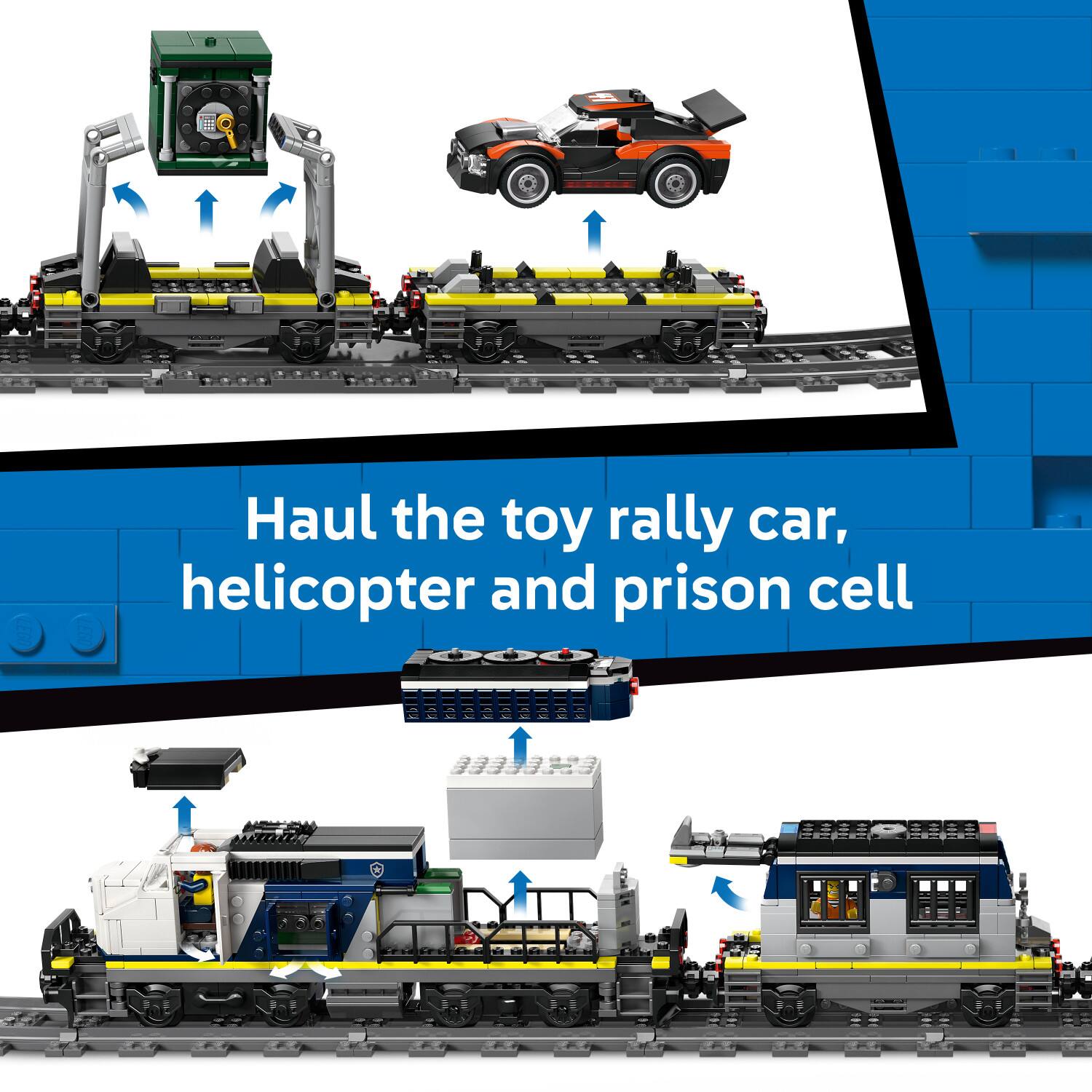 Haul the toy rally car, helicopter and prison cell LEGO