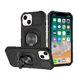 Kitcheniva - Shockproof Dual Layer Magnetic Ring Stand Phone Case With 2 Pcs Tempered Glass For iPhone 15 - Black