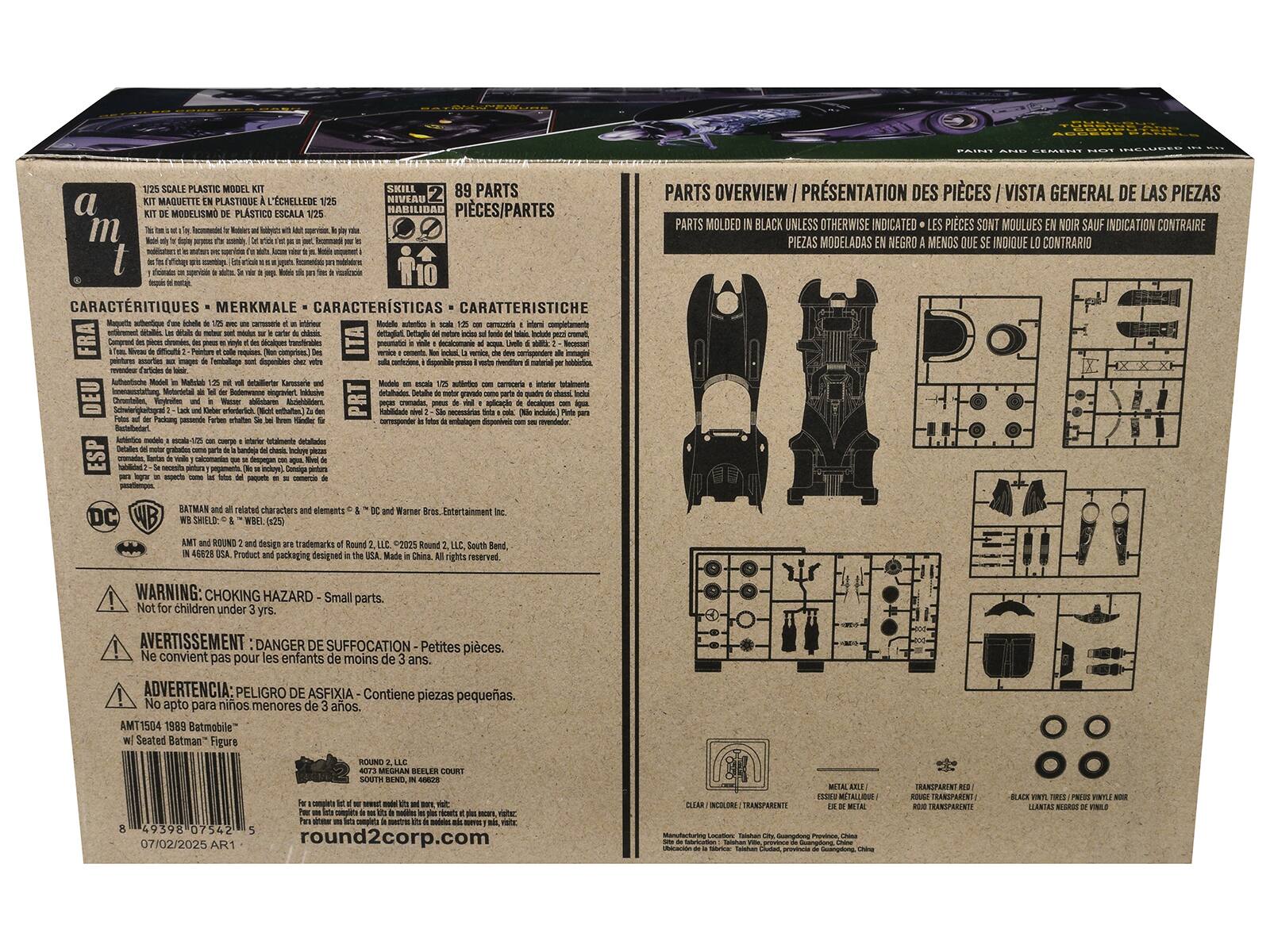 Sure, here is the corrected and grouped text from the image:

---

**Front Panel:**

- **Scale:** 1/25 Scale Plastic Model Kit
- **Skill Level:** 2
- **Parts:** 89 Parts
- **Model:** Batmobile
- **Brand:** Round 2 Corp.
- **Warning:** Choking Hazard - Small parts. Not for children under 3 years.
- **DC Comics:** Batman and all related characters and elements © & ™ DC and Warner Bros. Entertainment Inc. WB SHIELD, WB, DC, and the DC logo are trademarks of DC. © 2023 DC. All rights reserved.
- **Round 2:** AMT and Round 2 designs are trademarks of Round 2, LLC. 2023. Made in China.
- **Website:** round2corp.com

**Left Panel:**

- **Characteristics:** (in multiple languages)
  - Detailed model with 1/25 scale
  - Detailed interior and exterior
  - Painted parts
  - Decals
  - Paint and cement not included
- **Skill Level:** 2
- **Parts Overview:** Parts molded in black unless otherwise indicated

**Right Panel