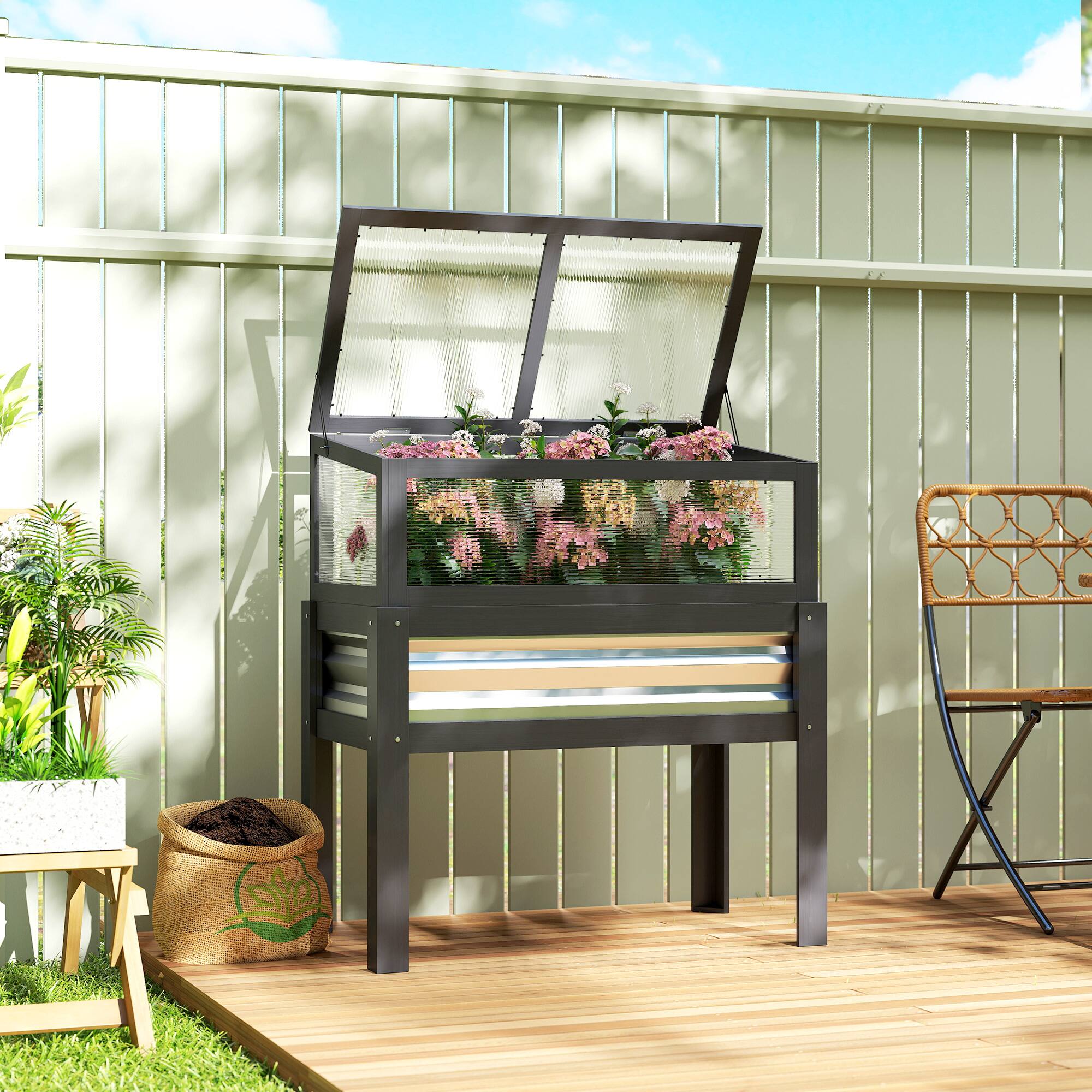 Alt View 1. Outsunny - Wooden Raised Garden Bed with Flip-Up Greenhouse Top, Raised Garden Bed with Legs and Bed Liner.