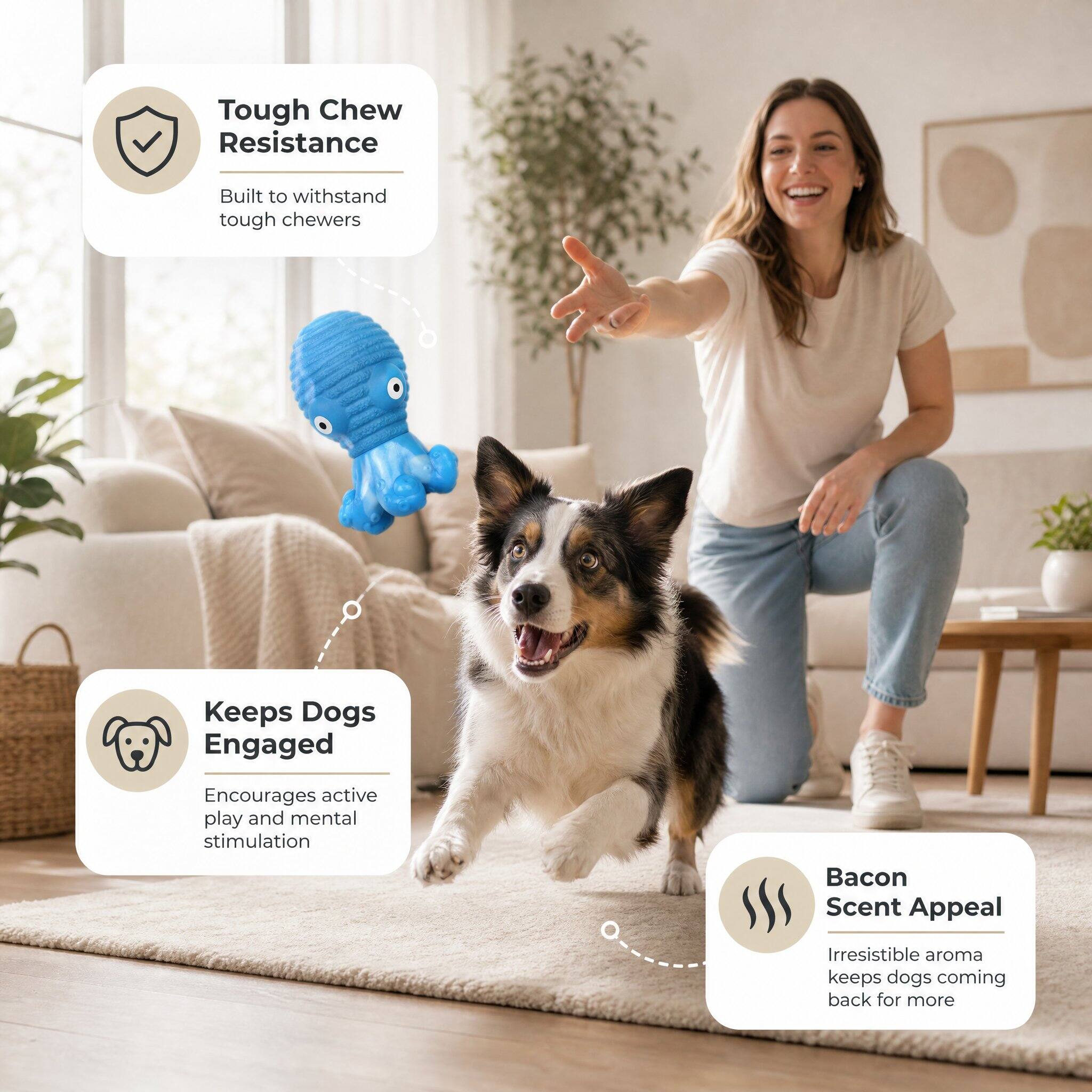Tough Chew Resistance  
Built to withstand tough chewers  

Keeps Dogs Engaged  
Encourages active play and mental stimulation  

Bacon Scent Appeal  
Irresistible aroma keeps dogs coming back for more