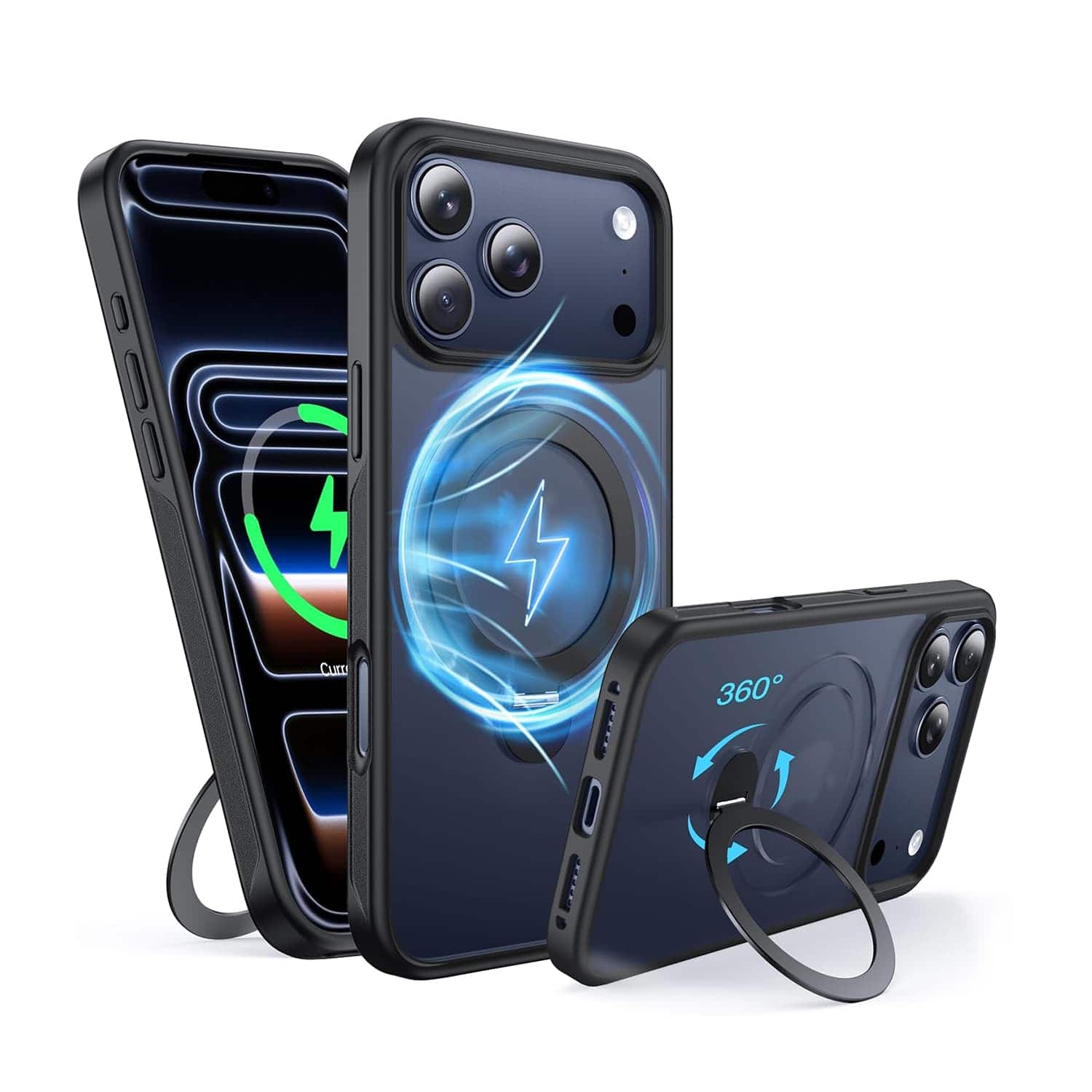 FINEAK - 360° Rotatable Magnetic Ring and Matte Soft Silicone Case for iPhone 17 Pro - Black