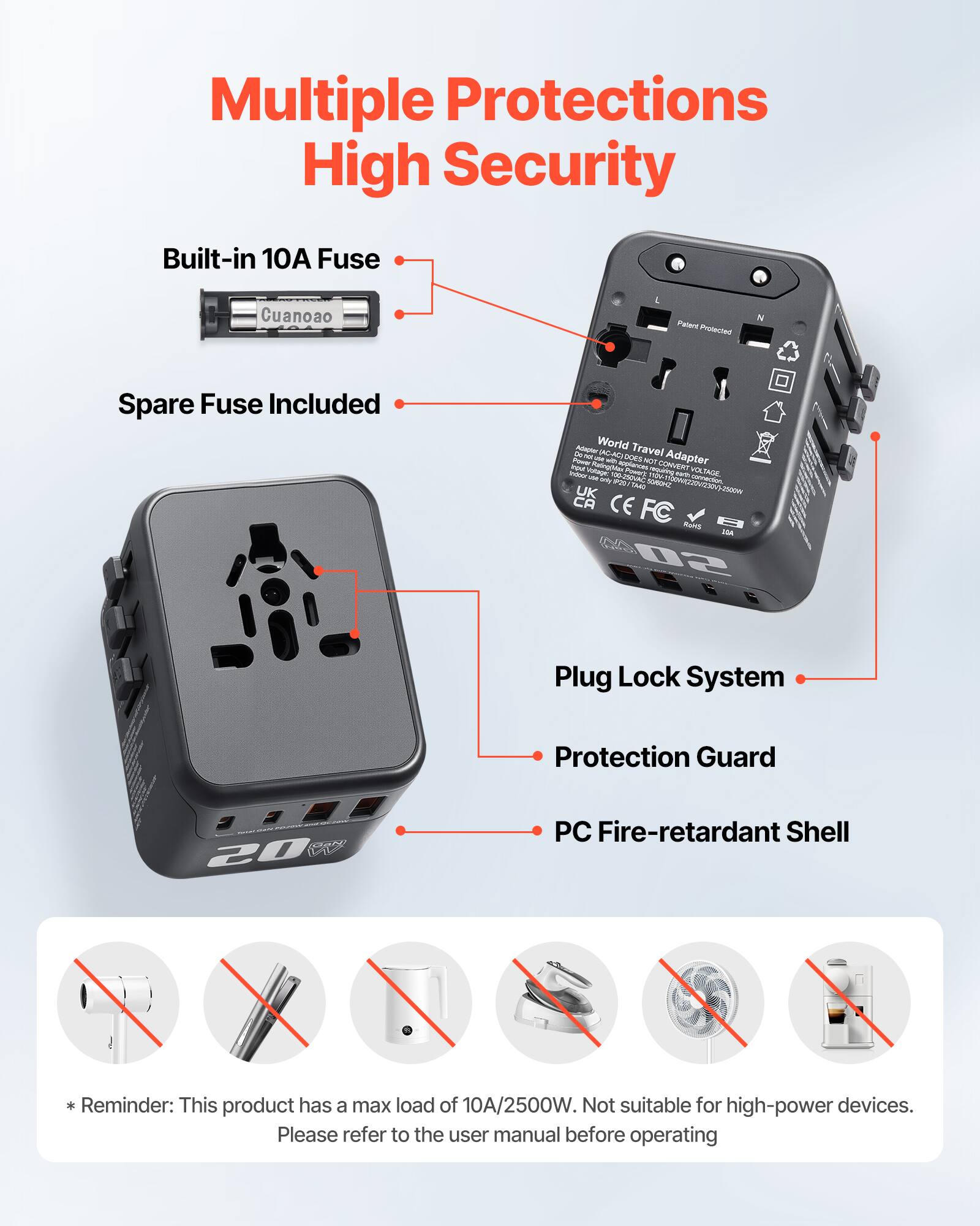 Multiple Protections High Security

- Built-in 10A Fuse
- Spare Fuse Included
- Plug Lock System
- Protection Guard
- PC Fire-retardant Shell

* Reminder: This product has a max load of 10A/2500W. Not suitable for high-power devices. Please refer to the user manual before operating