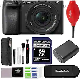 Sony - a6400 Mirrorless Camera with 16-50mm f/3.5-5.6 II Lens and 64GB SD Card + Card Reader + Blower + More - Black