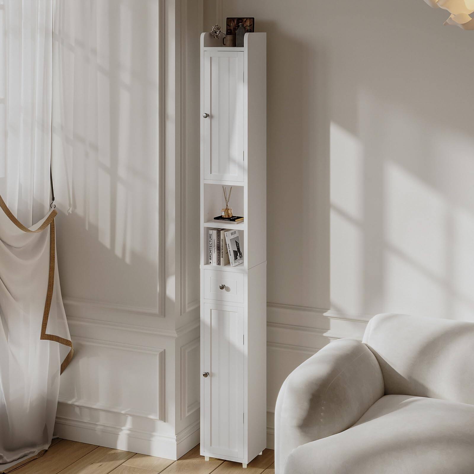 Alt View 5. Hirose Alice - Narrow Storage Cabinet With Shelves Tall 2 Doors And 1 Drawer Cupboard For Small Spaces designed newly - White.