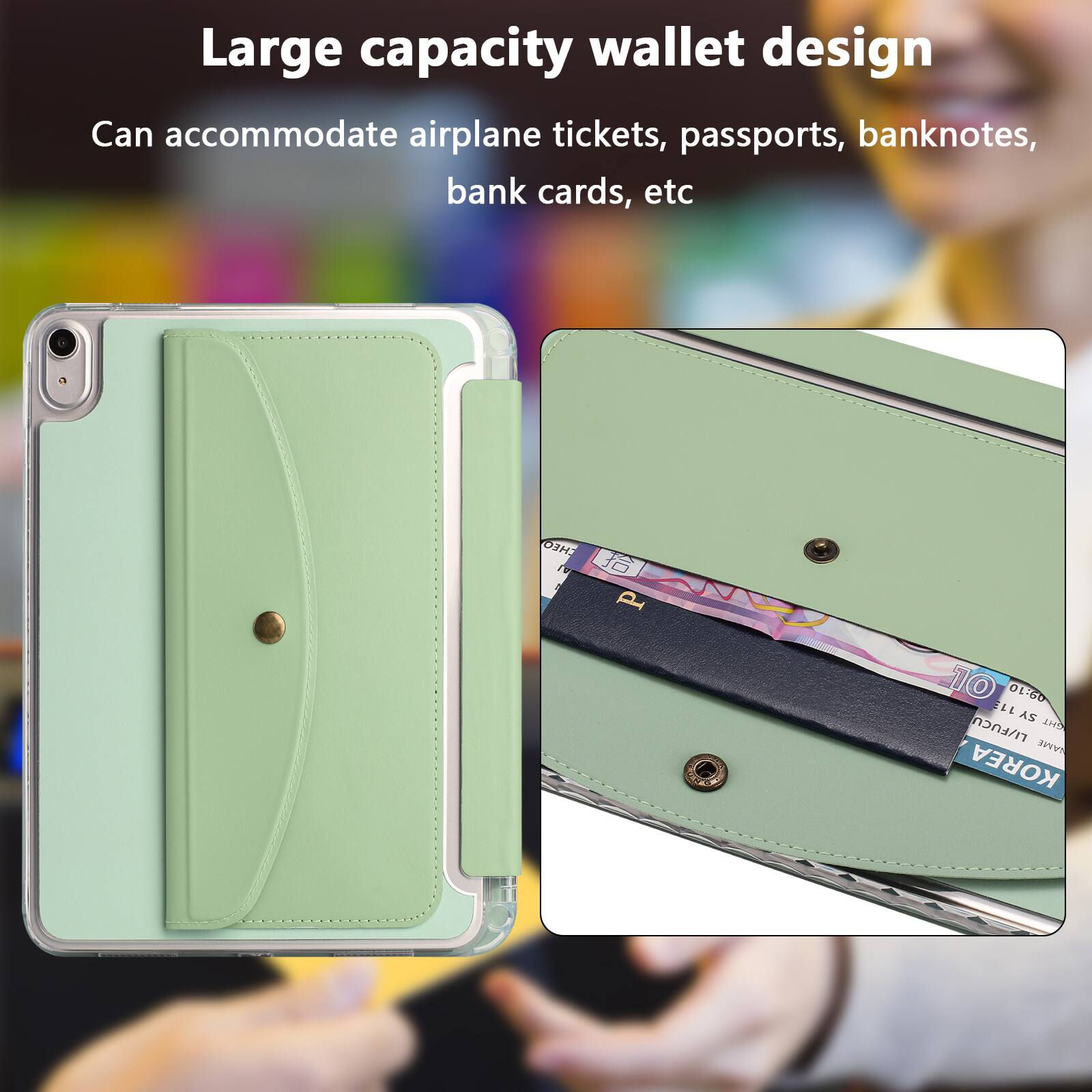 Large capacity wallet design  
Can accommodate airplane tickets, passports, banknotes, bank cards, etc