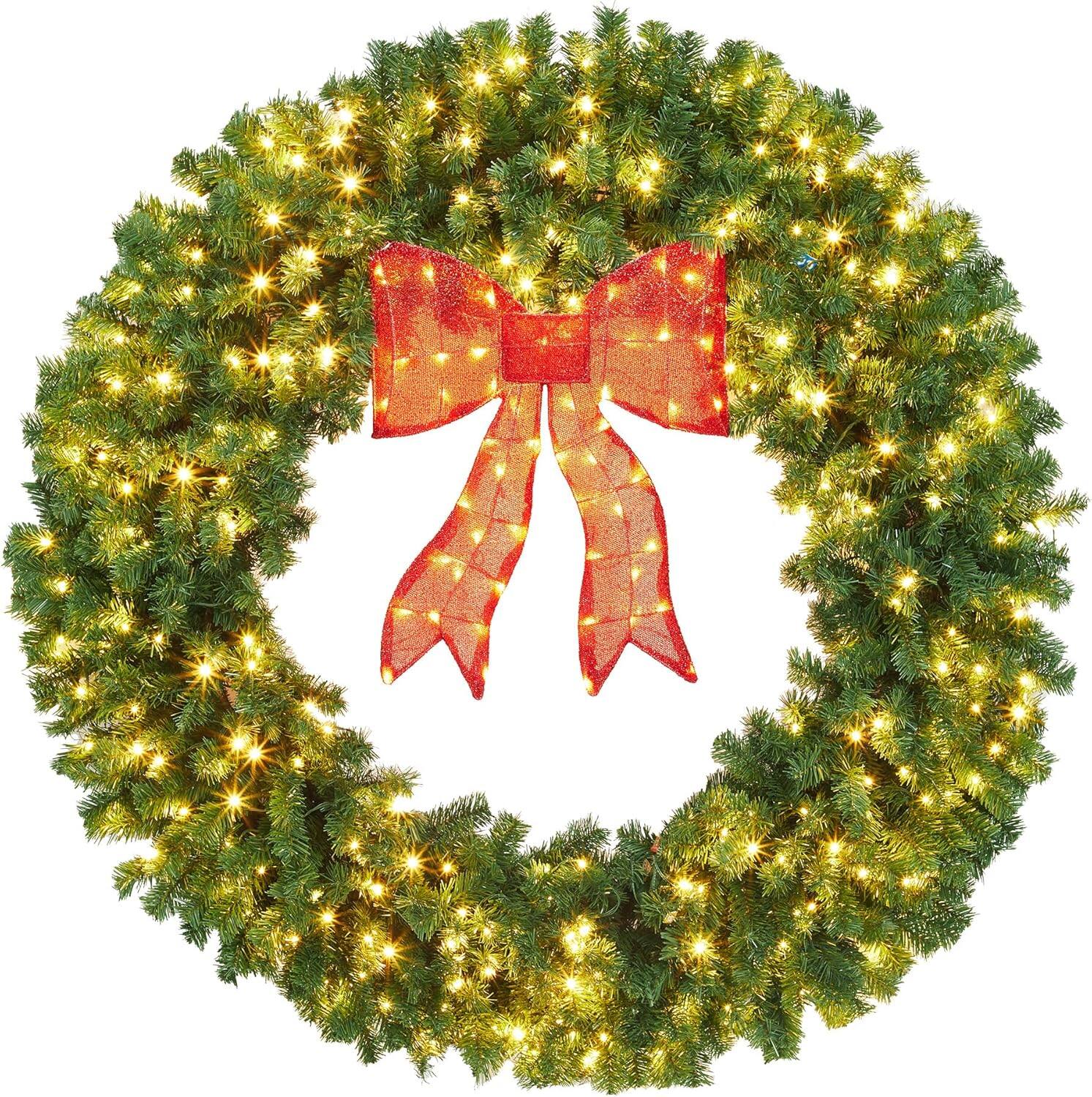 Front. GARVEE - 60 inch Holiday Wreath with Bow, Pre-Lit Winter Door Decoration, Indoor Outdoor Festive Home Décor, Easy to Hang - Green.
