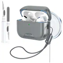 Dteck - Rugged Protective Case for AirPods 4th Gen Shockproof Magnetic Lock Cover with Phone Stand + Lanyard + Cleaning Pen - Gray