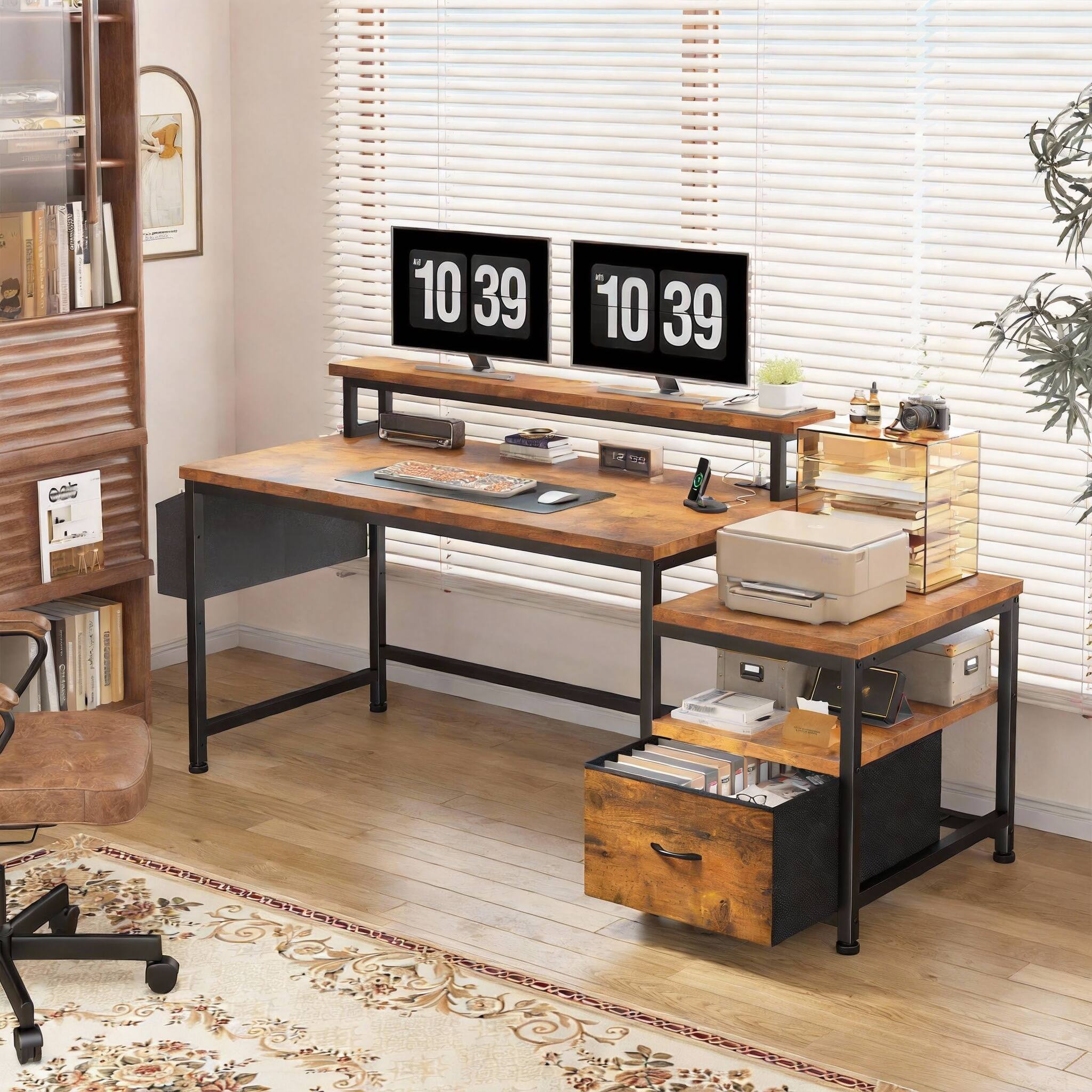 Alt View 2. Frangdom - 57" Office Desk with Drawers Printer Shelf Power Outlets File Cabinet Monitor Stand - Black 57" 1 Drawer 2 Shelves.