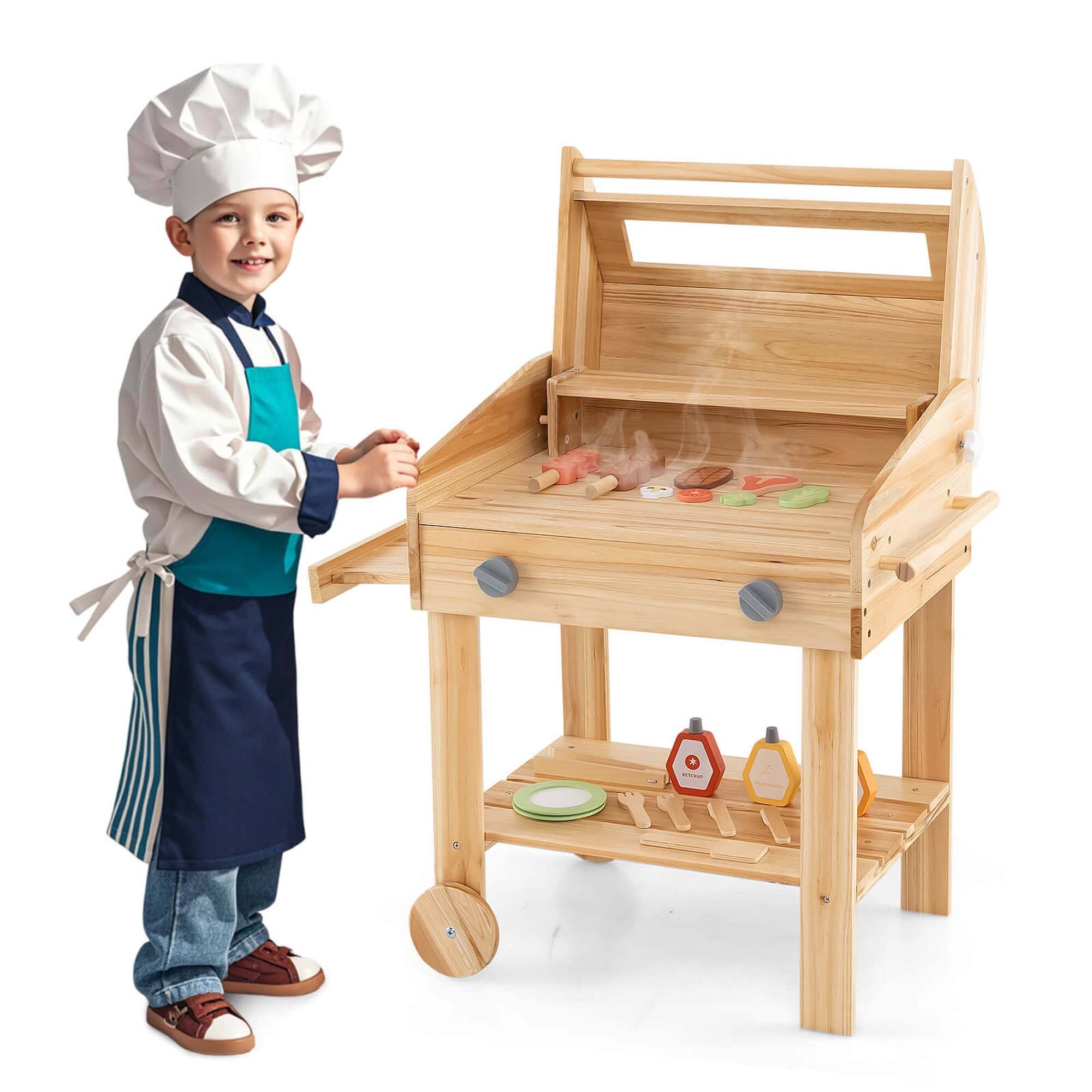 Front. Costway - Costway Wooden Barbecue Grill Playset with Play Food Grilling Tools & Accessories - Natural.