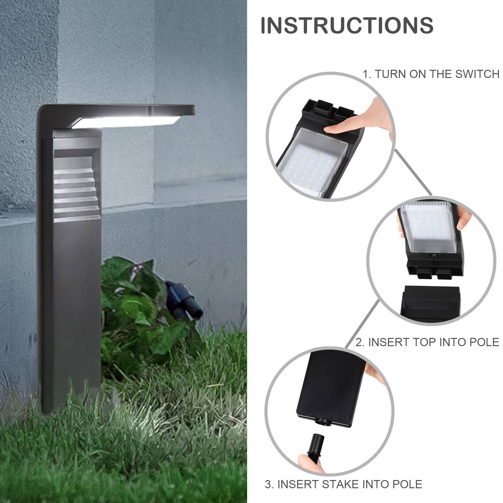 INSTRUCTIONS

1. TURN ON THE SWITCH  
2. INSERT TOP INTO POLE  
3. INSERT STAKE INTO POLE