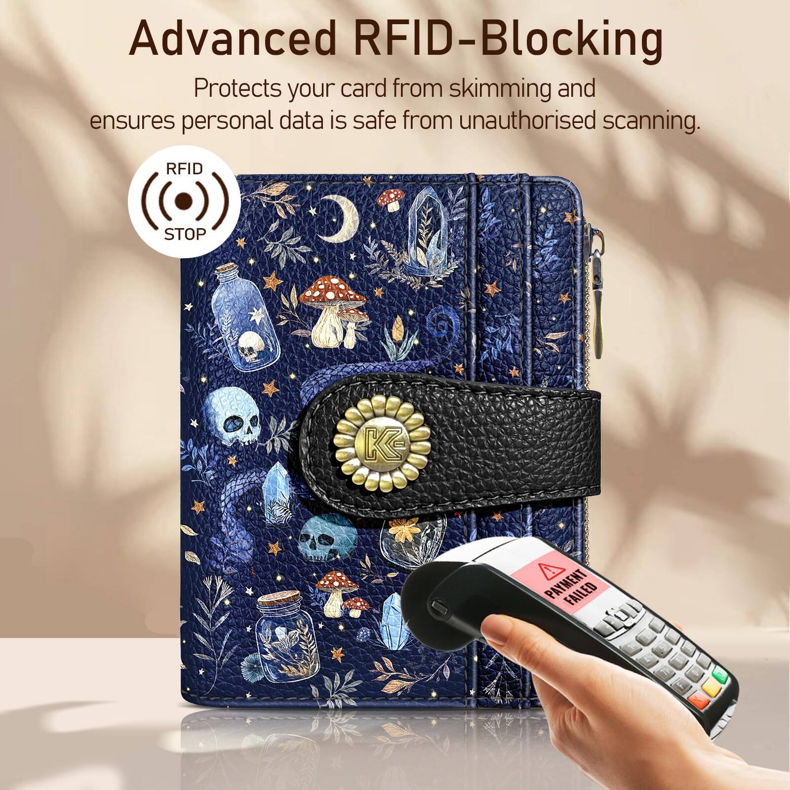 Back. Jadie Link - Mushroom Snake Night Small Rfid Women Wallet Bifold Zipper Pocket Leather Compact Credit Card Holder Travel Female - Mushroom Moon.