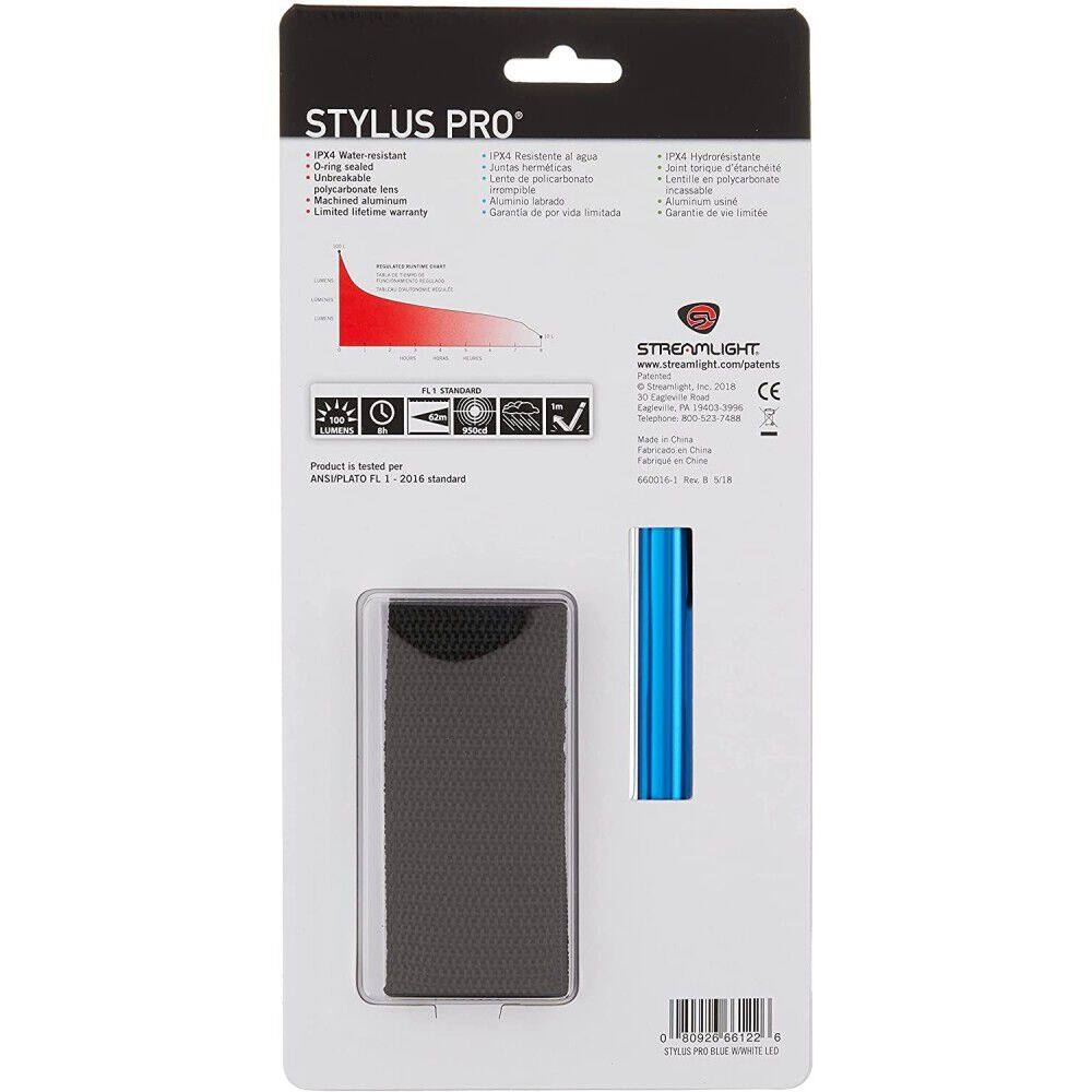 STYLUS PRO IPX4 Water-resistant  
- Resistente al agua  
- O-ring sealed  
- Juntas herméticas  
- Unbreakable lens  
- Lente de policarbonato inquebrantable  
- Machined aluminum  
- Aluminio abrado  
- Limited lifetime warranty  
- Garantía de por vida limitada  

IPX4 Hydroresistante  
- Lente en policarbonato inquebrantable  
- Aluminio abrado  
- Garantie de vie limitée  

FL1 STANDARD  
- 100 lumens  
- 100 m  
- 100%  
- 100%  

Product is tested per ANSI/PLATO FL 1 - 2016 standard  

STREAMLIGHT  
www.streamlight.com/patents  
© Streamlight, Inc. 2018  
30 Eagleville Road  
Eagleville, TN 37725-3996  
Telephone: 800-523-7486  
Made in China  
Fabricado en China  

66006-1 Rev. B 18