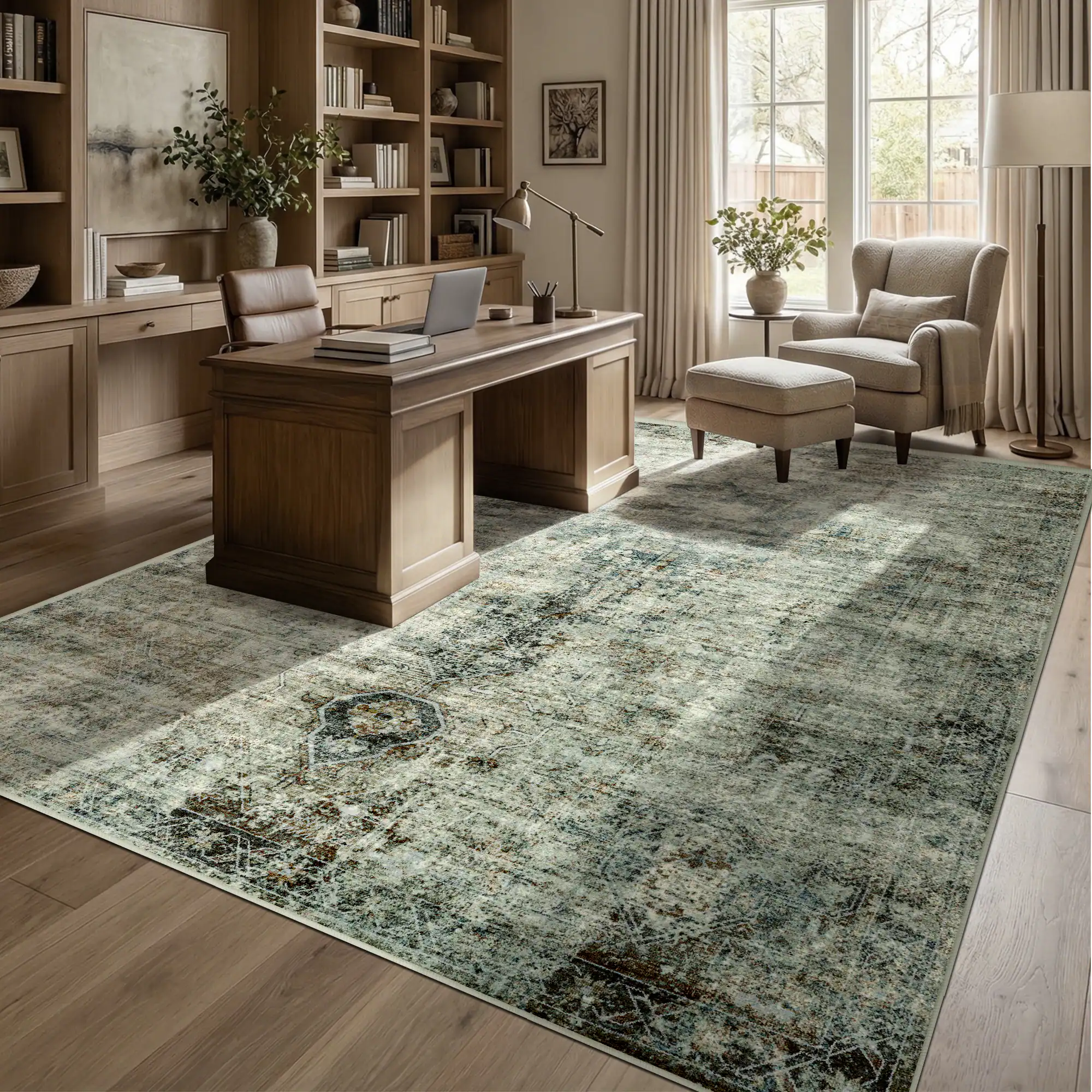 Alt View 4. KERDOM - Boho Vintage Large Area Rug 8x10 ft Machine Washable for Living Room, Bedroom & Dining Room, Non Slip Soft Low Pile Thin - Moss Green.