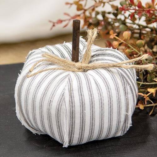 Angle. BreeBe - Ticking Stripe Stuffed Pumpkin 4.75" - White and Gray.