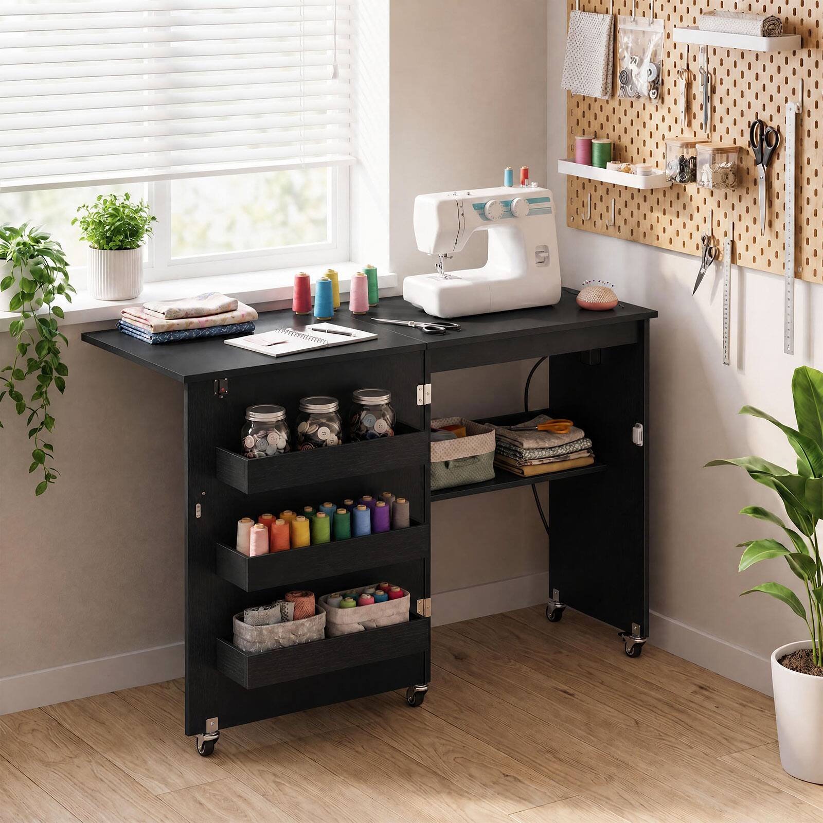 Alt View 1. Costway - Costway Folding Sewing Machine Table with Power Outlets, 3 Storage Bins & Open Shelf - Black.