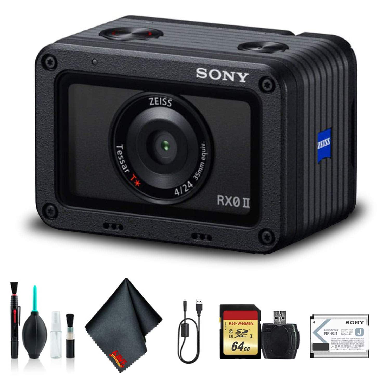 Sony - Cyber-Shot DSC-RX0 II Camera DSC-RX0M2 with Soft Bag, 64GB Memory Card, Card Reader, Plus Essential Accessories