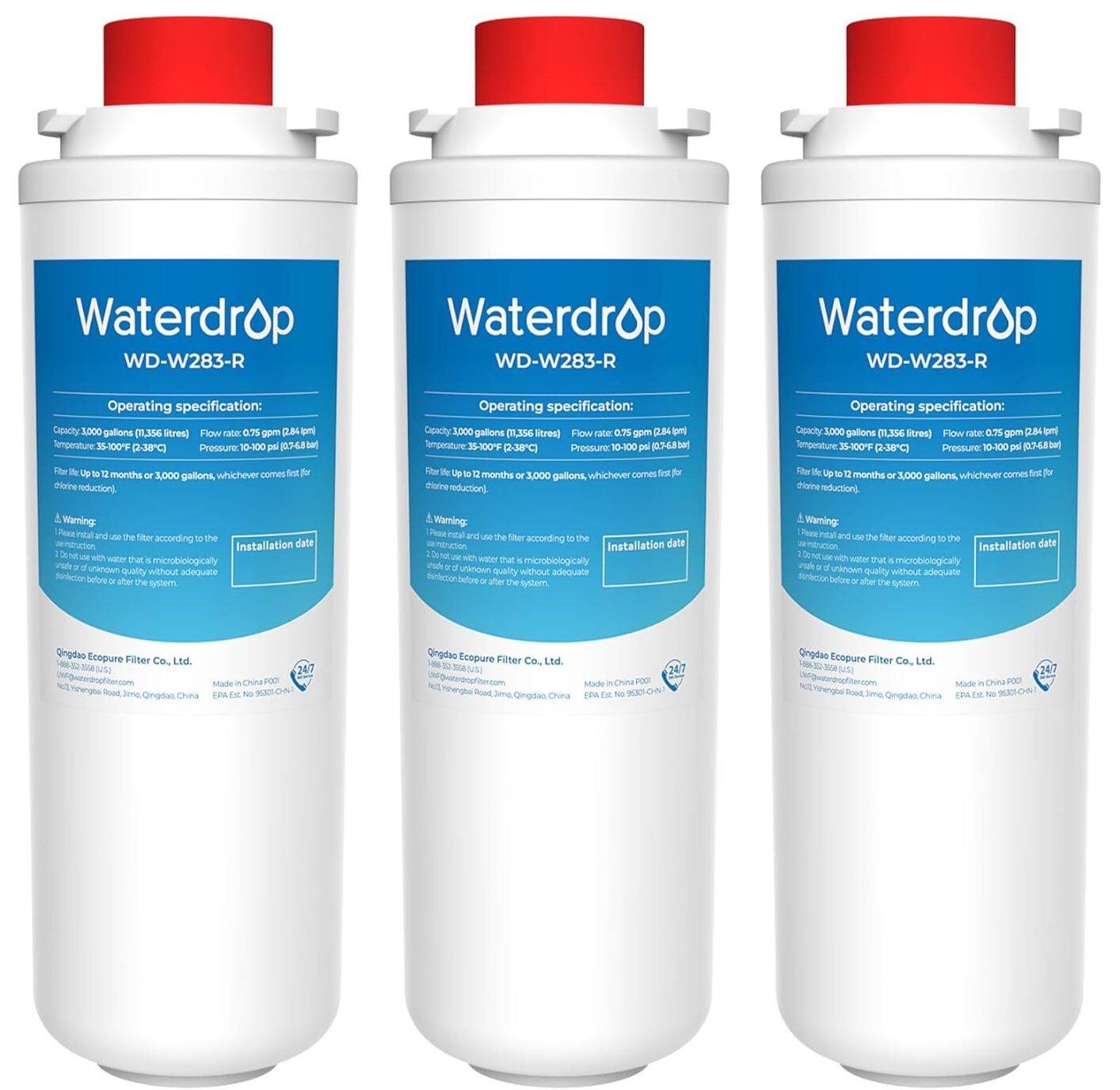 Waterdrop WD-W283-R

Operating specification:
Capacity: 3,000 gallons (11,356 liters)
Flow rate: 0.75 gpm (2.44 l/min)
Temperature: 35-100°F (2-38°C)
Pressure: 10-100 psi (0.69-6.9 bar)
Filter life: up to 12 months or 3,000 gallons, whichever comes first for chlorine reduction

Warning:
1. Do not use with water that is microbiologically unsafe or of unknown quality without adequate disinfection before or after the system.

Installation data:
Model: China P007
EPA No. 9330-CHN

Qingdao Ecopure Filter Co., Ltd.
No. 1 Yongqiang Road, Jiaozi, Qingdao, China