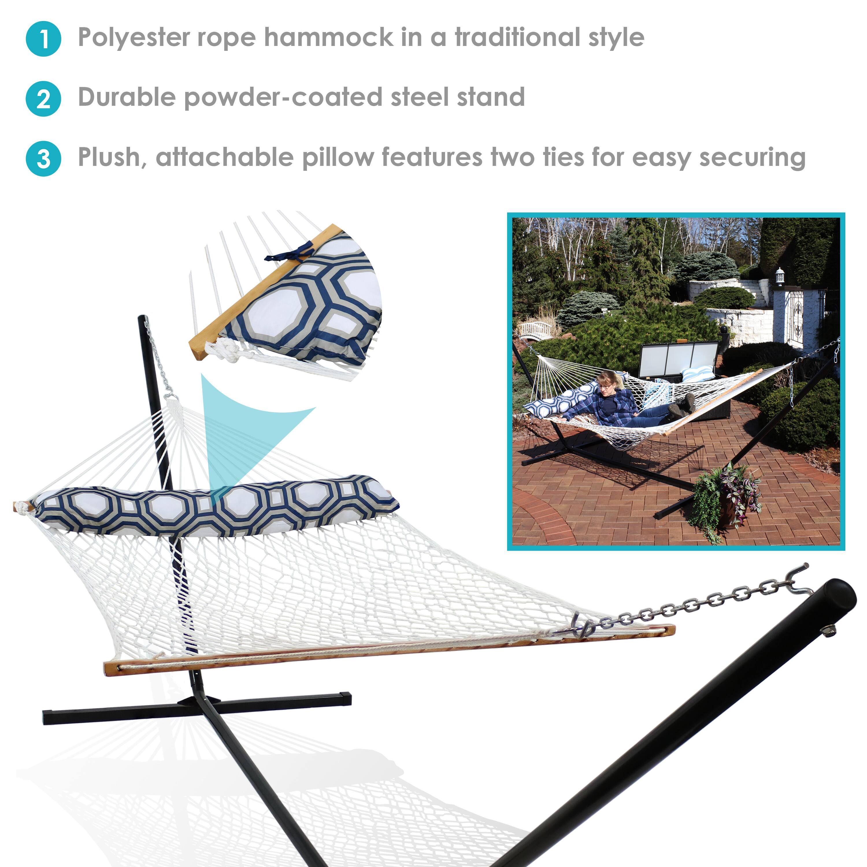 1. Polyester rope hammock in a traditional style
2. Durable powder-coated steel stand
3. Plush, attachable pillow features two ties for easy securing