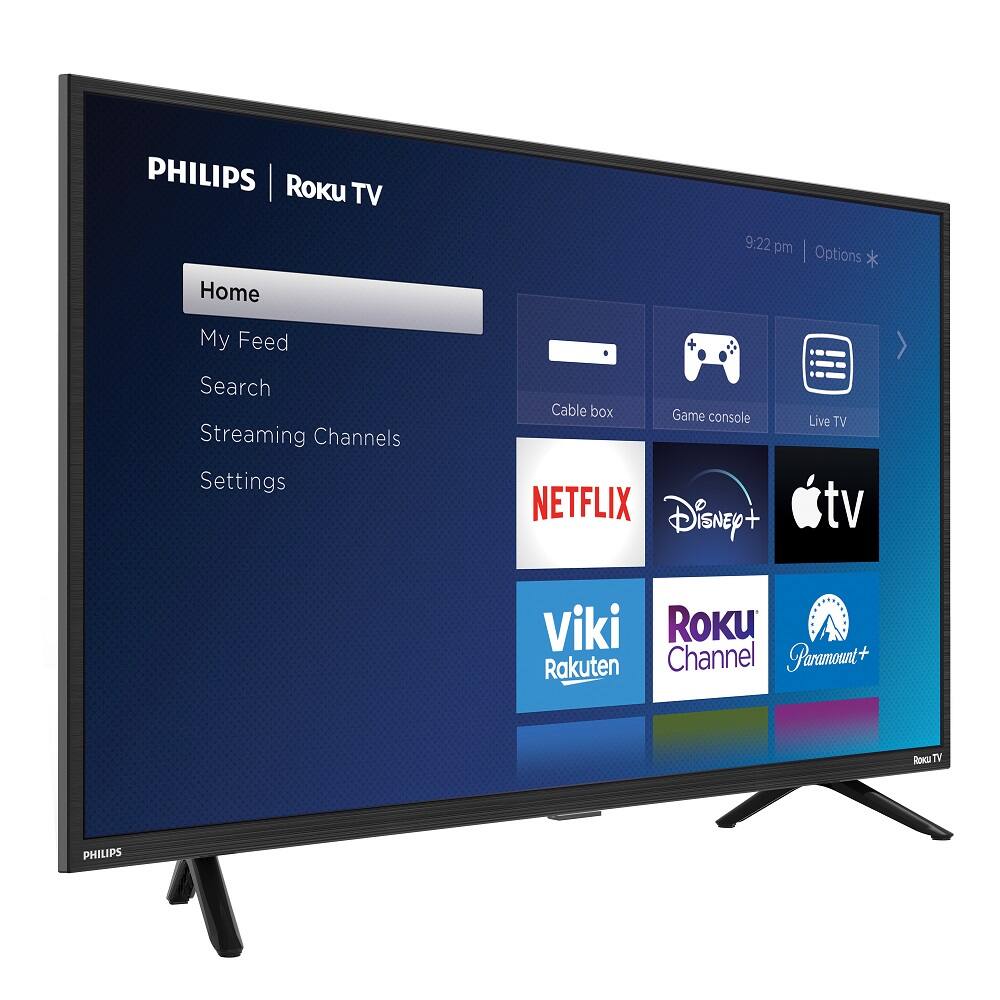 PHILIPS | Roku TV  
Home  
My Feed  
Search  
Streaming Channels  
Settings  

Cable box  
Game console  
Live TV  

NETFLIX  
Disney+  
tv  
Viki  
Rakuten  
Roku Channel  
Paramount+  

9:22 pm | Options