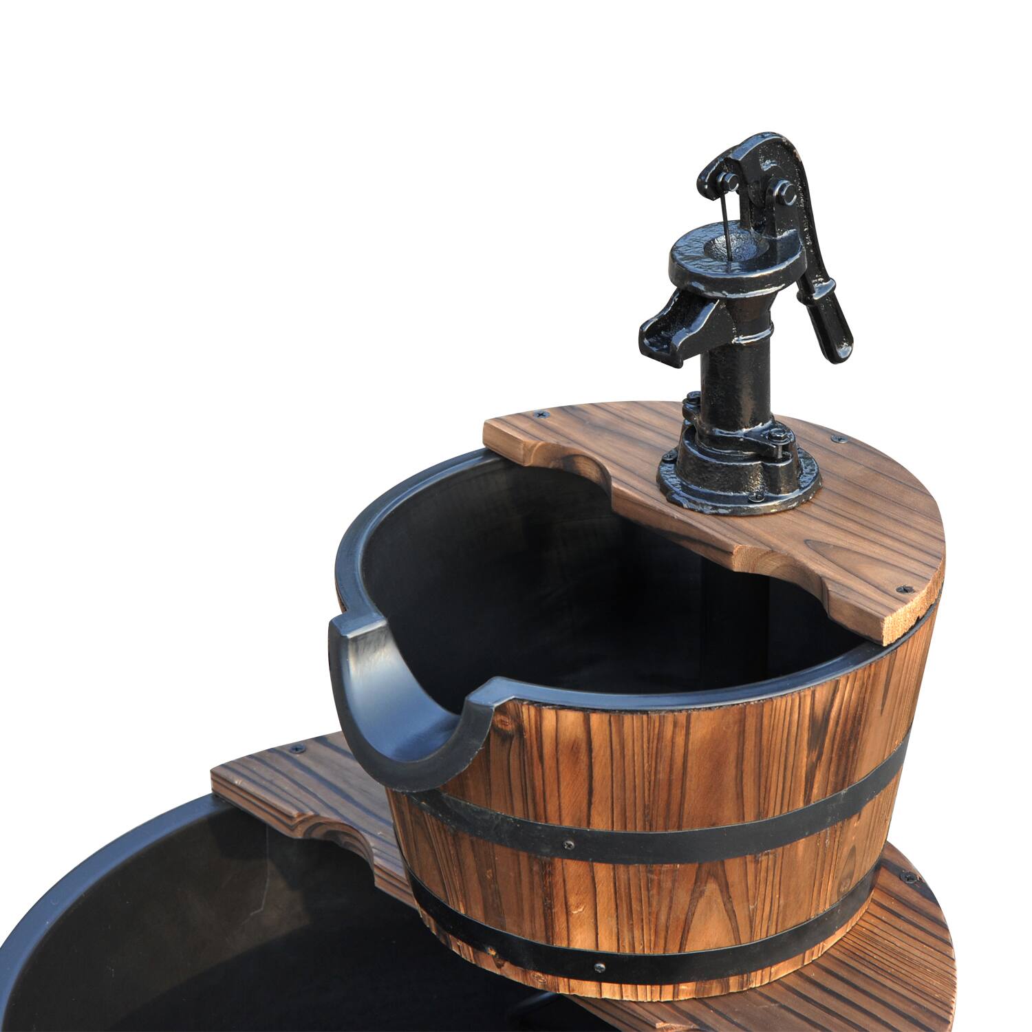 Alt View 8. Outsunny - Freestanding Fountain with 2 Tier Waterfall Barrel, Electric Pump for Garden Decor - carbonized brown.