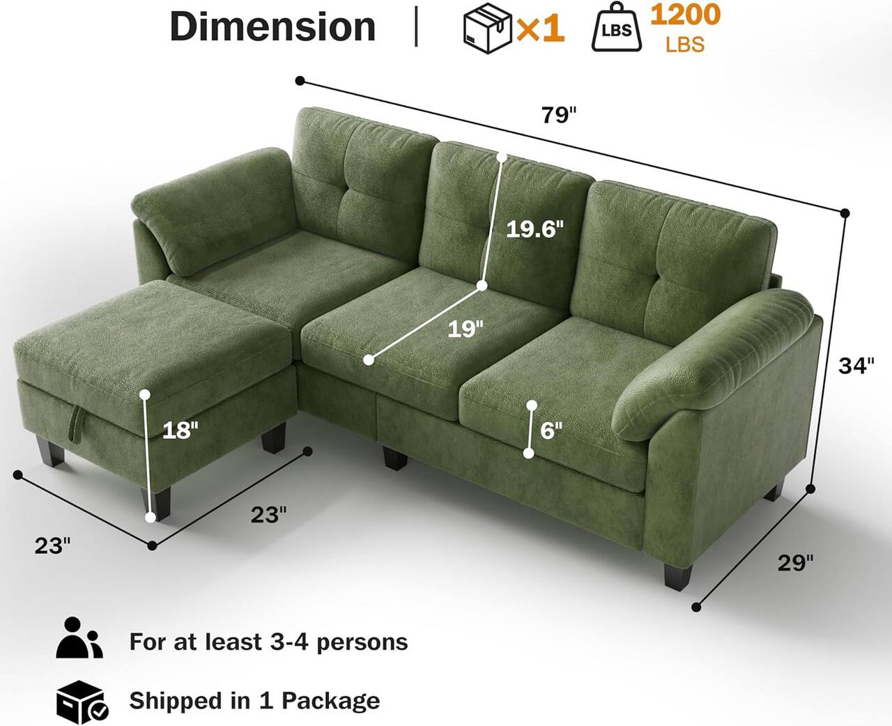 Dimension | x1 1200 LBS  
79" 19.6" 18" 19" 6" 34" 23" 23" 29"  
For at least 3-4 persons  
Shipped in 1 Package