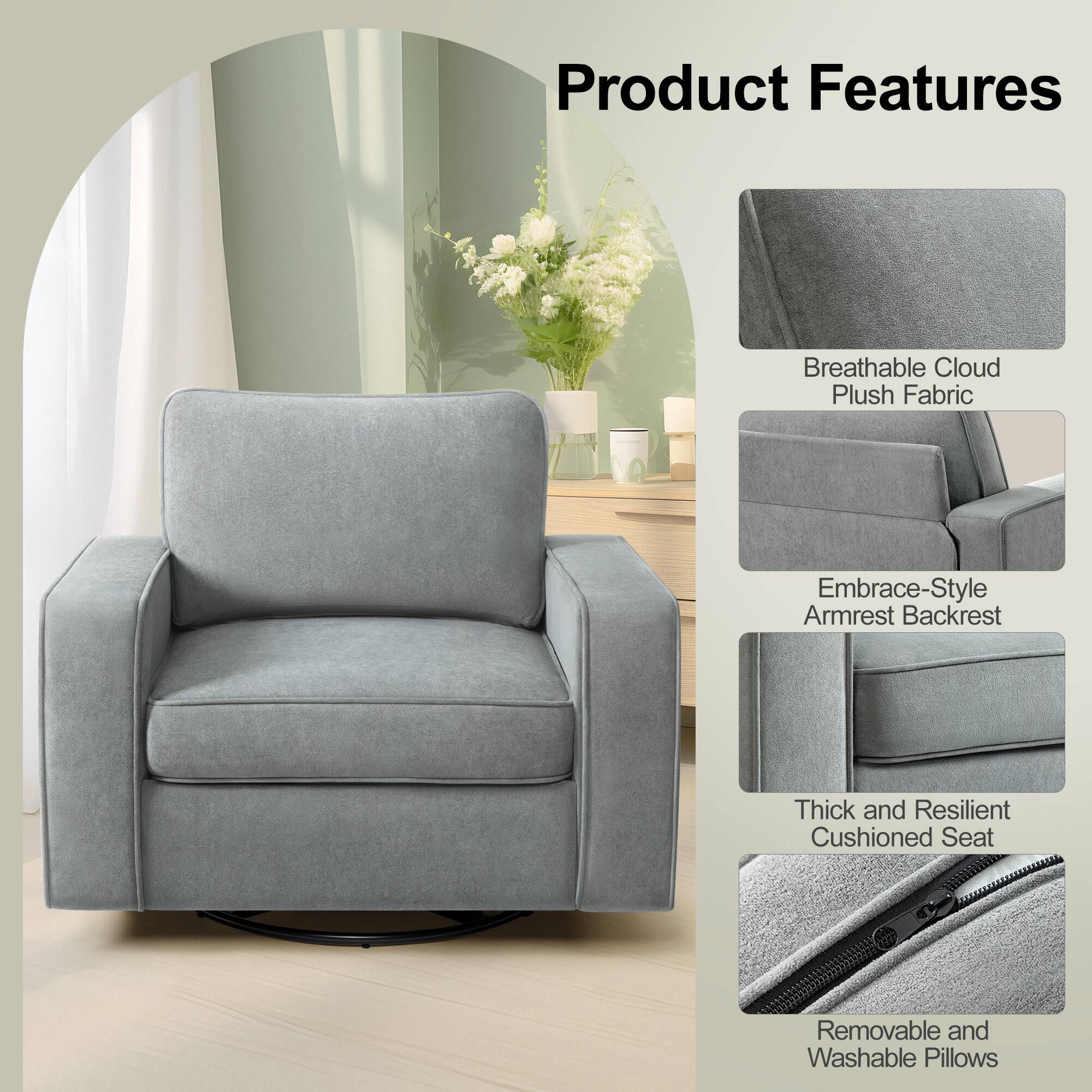 Product Features

- Breathable Cloud Plush Fabric
- Embrace-Style Armrest Backrest
- Thick and Resilient Cushioned Seat
- Removable and Washable Pillows