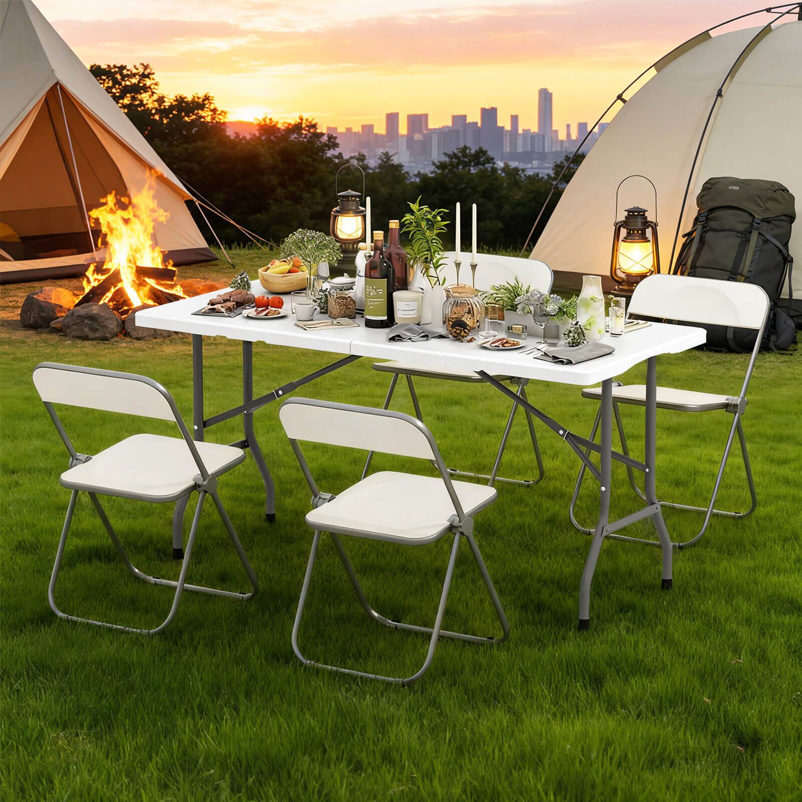 Alt View 1. Costway - Costway 5 FT Portable Folding Picnic Table with Wood Grain HDPE Tabletop & Metal Frame - White.