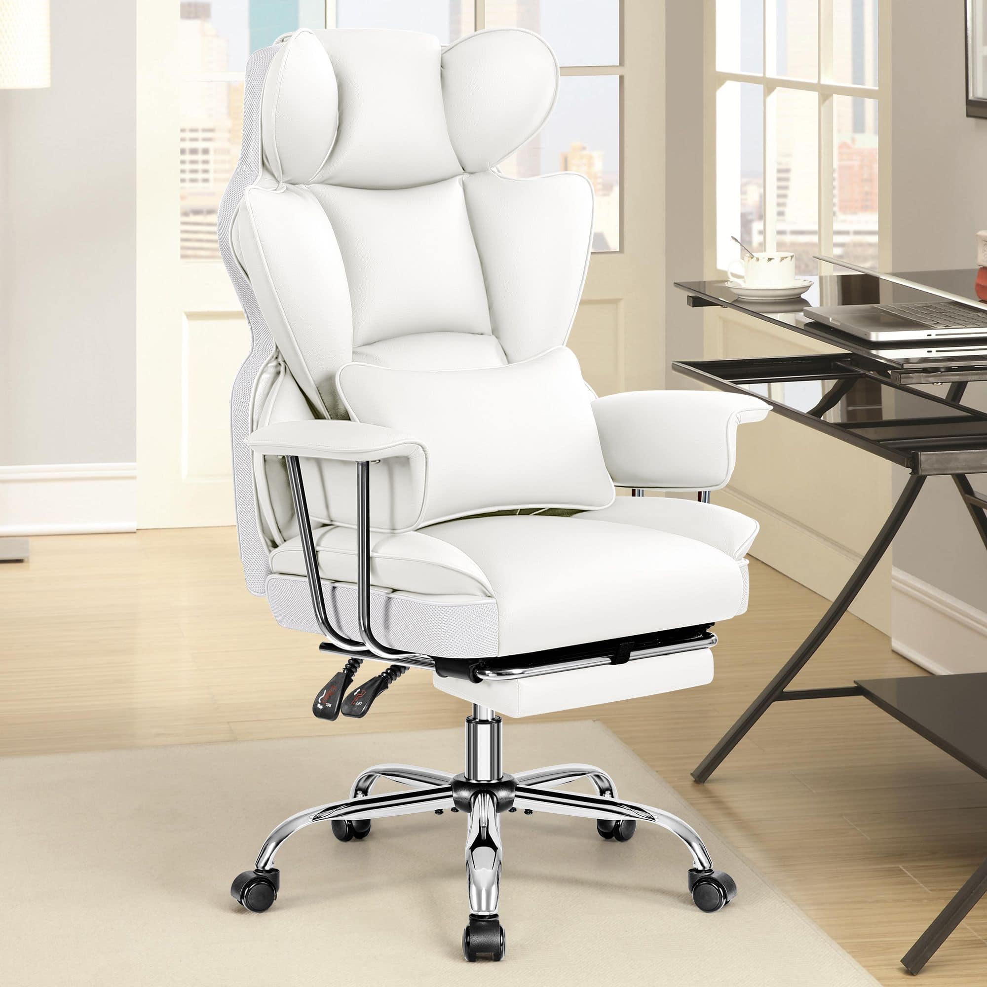 Front. Brick Attic - 500LBS Big & Tall Office Chair, Leather Gaming Chair with Footrest, Adjustable Height & Lumbar Support - White - White.