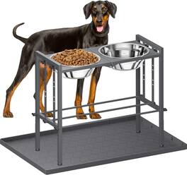 Pawtners - Elevated Dog Bowls for Large Breeds - Adjustable Metal Stand with 2 Stainless Steel Bowls and Grey Feeding Mat - Gray