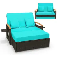 Costway Patio Rattan Daybed Set with Cushioned Loveseat & Storage Ottoman for Porch - Turquoise - Front_Zoom