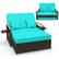 Front. Costway - Patio Rattan Daybed Set with Cushioned Loveseat & Storage Ottoman for Porch - Turquoise.
