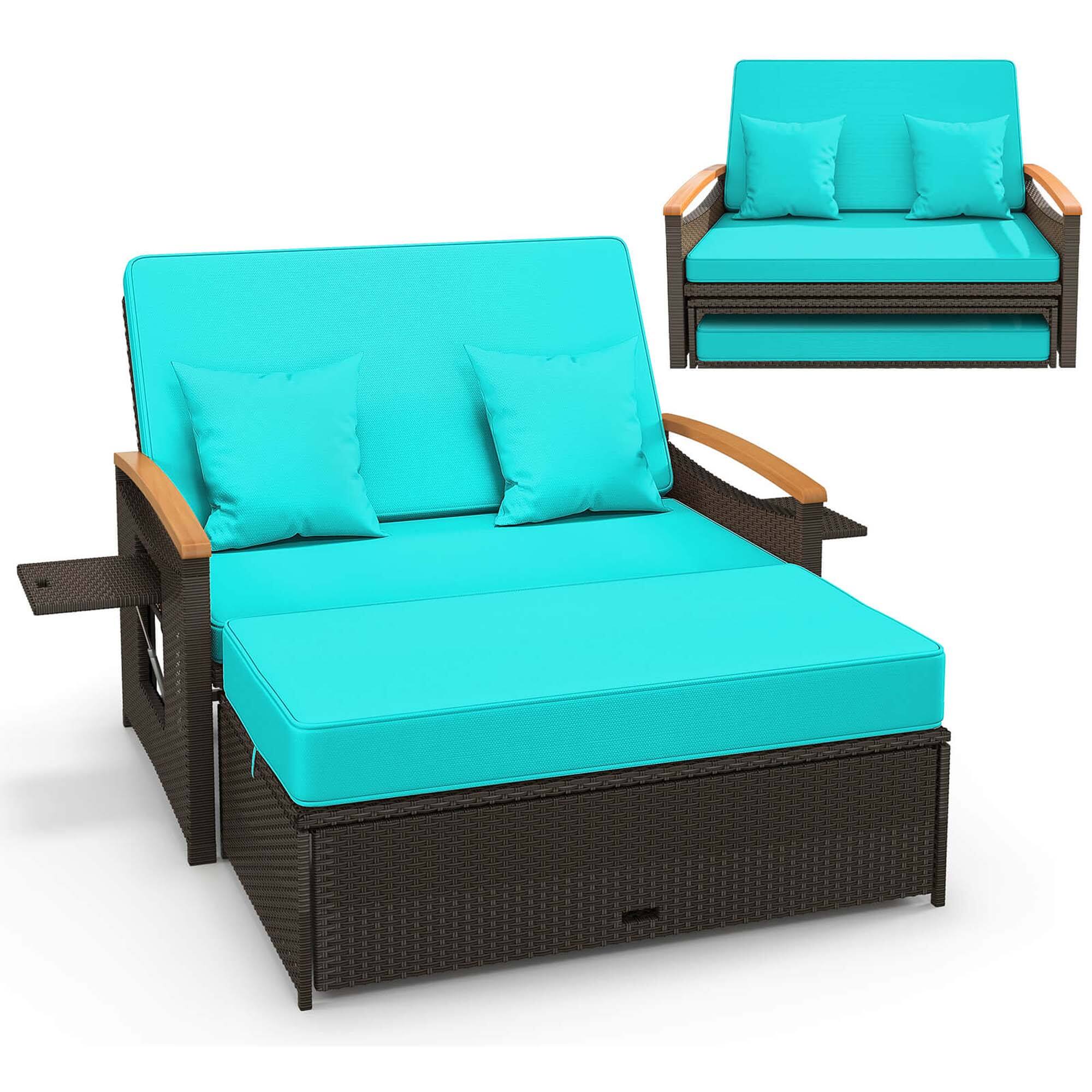 Costway - Patio Rattan Daybed Set with Cushioned Loveseat & Storage Ottoman for Porch - Turquoise