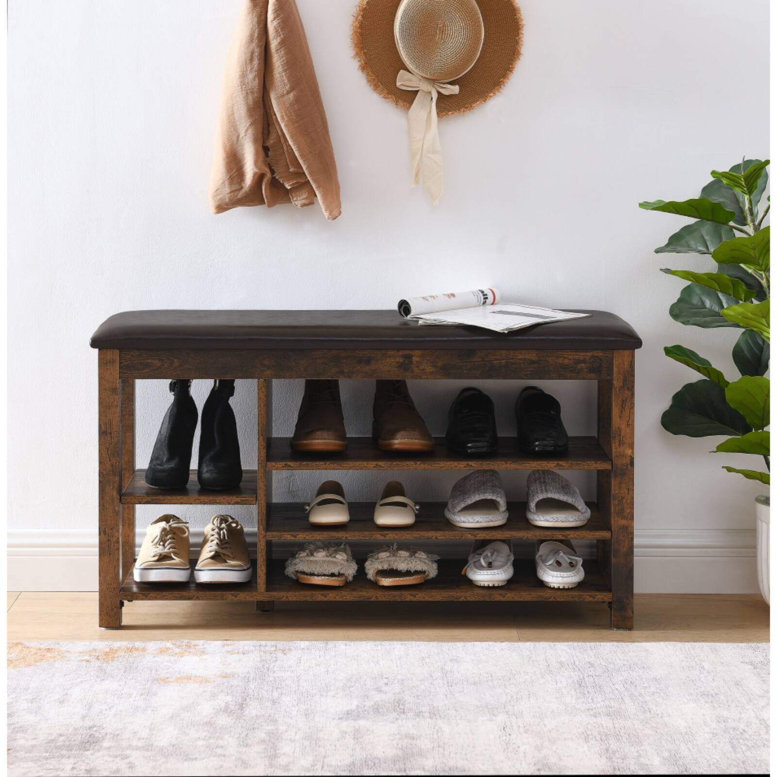 Alt View 2. HTUTWOO - Entryway Bench Shoe Rack: Flip-Open Storage, Adjustable Shelves & Cushion for Living Room Hallway Families - Vintage Brown.