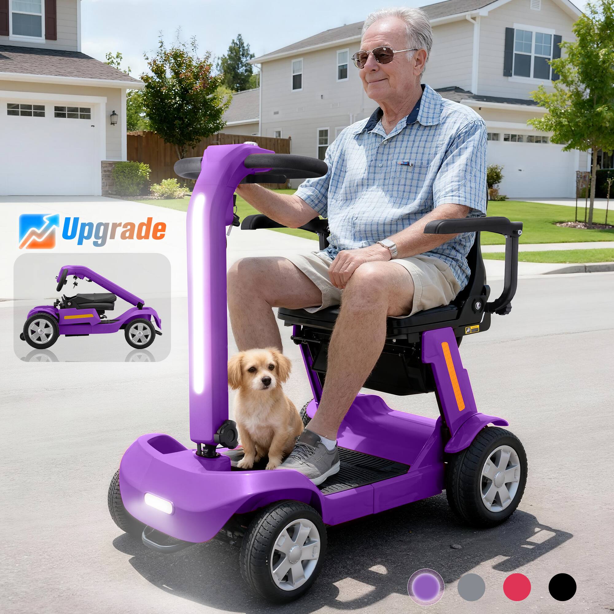 Angle. Hover Heart - 4-Wheel Foldable Mobility Scooter for Adults & Seniors, Lightweight Travel Scooter with LED Lights, Storage Bag, Charger - Purple.