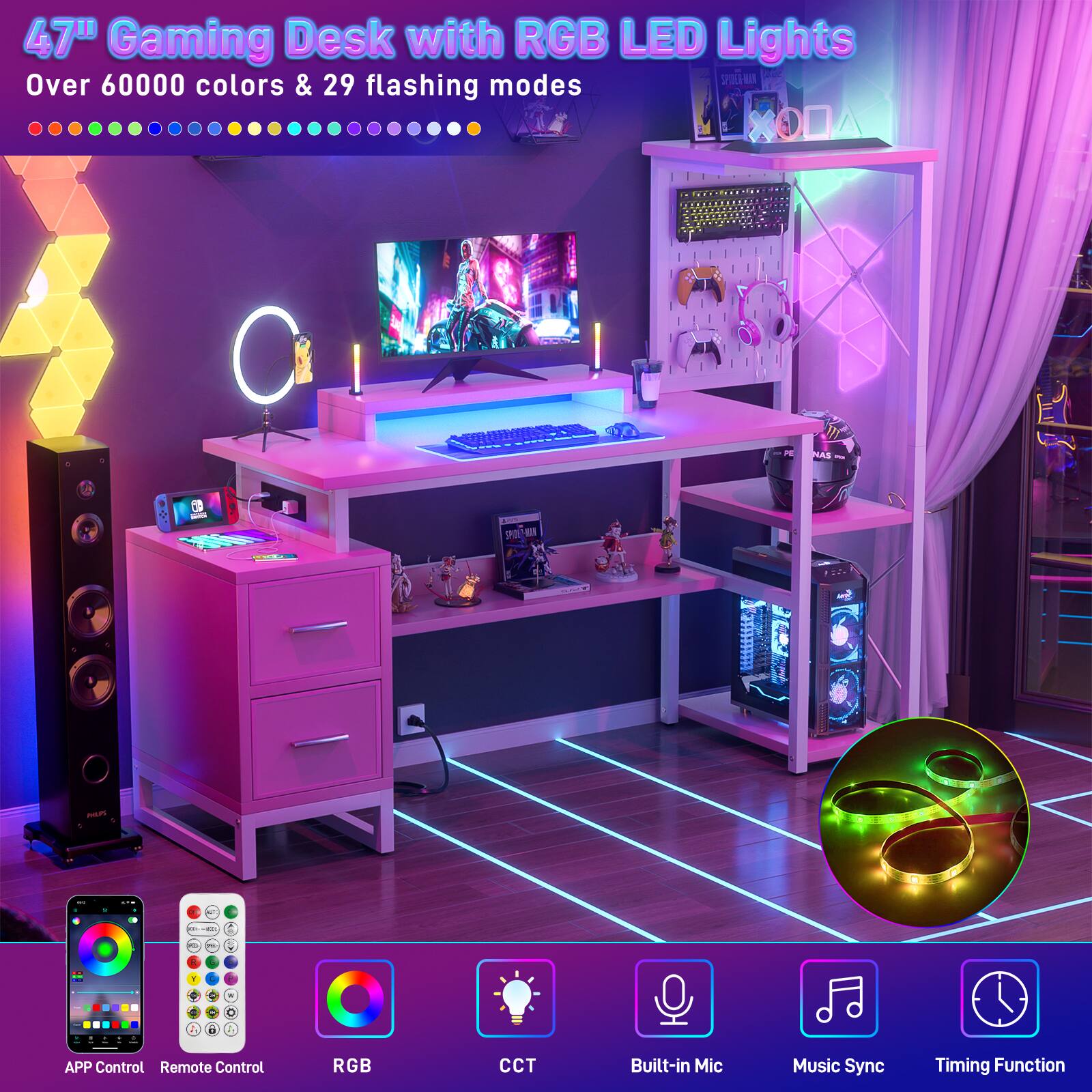 47" Gaming Desk with RGB LED Lights  
Over 60000 colors & 29 flashing modes  

- APP Control  
- Remote Control  
- RGB  
- CCT  
- Built-in Mic  
- Music Sync  
- Timing Function