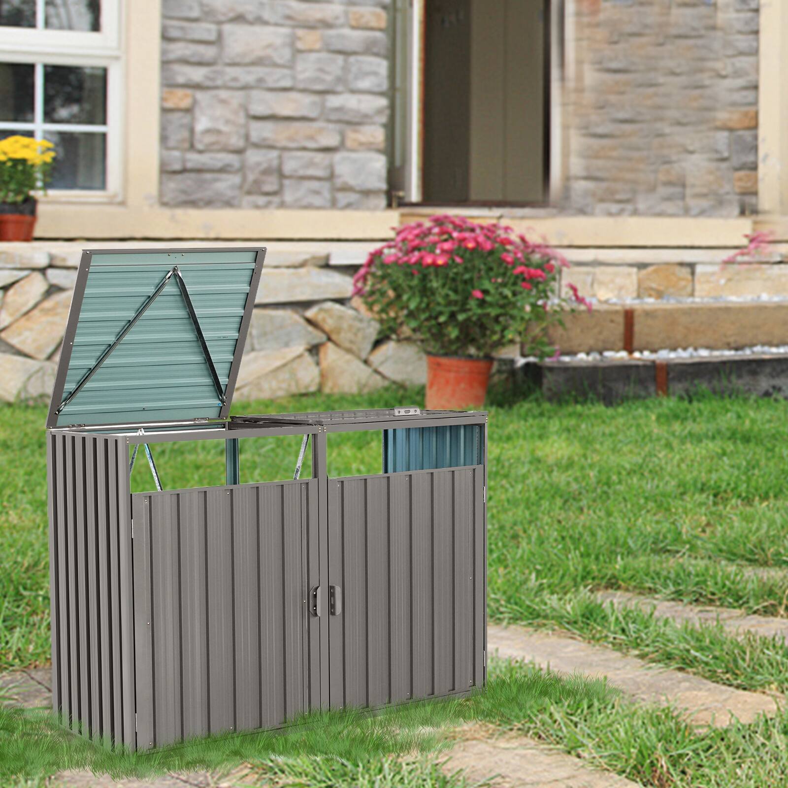 Angle. Mondawe - 2 Trash Cans Metal Outdoor Bin Shed - Grey.