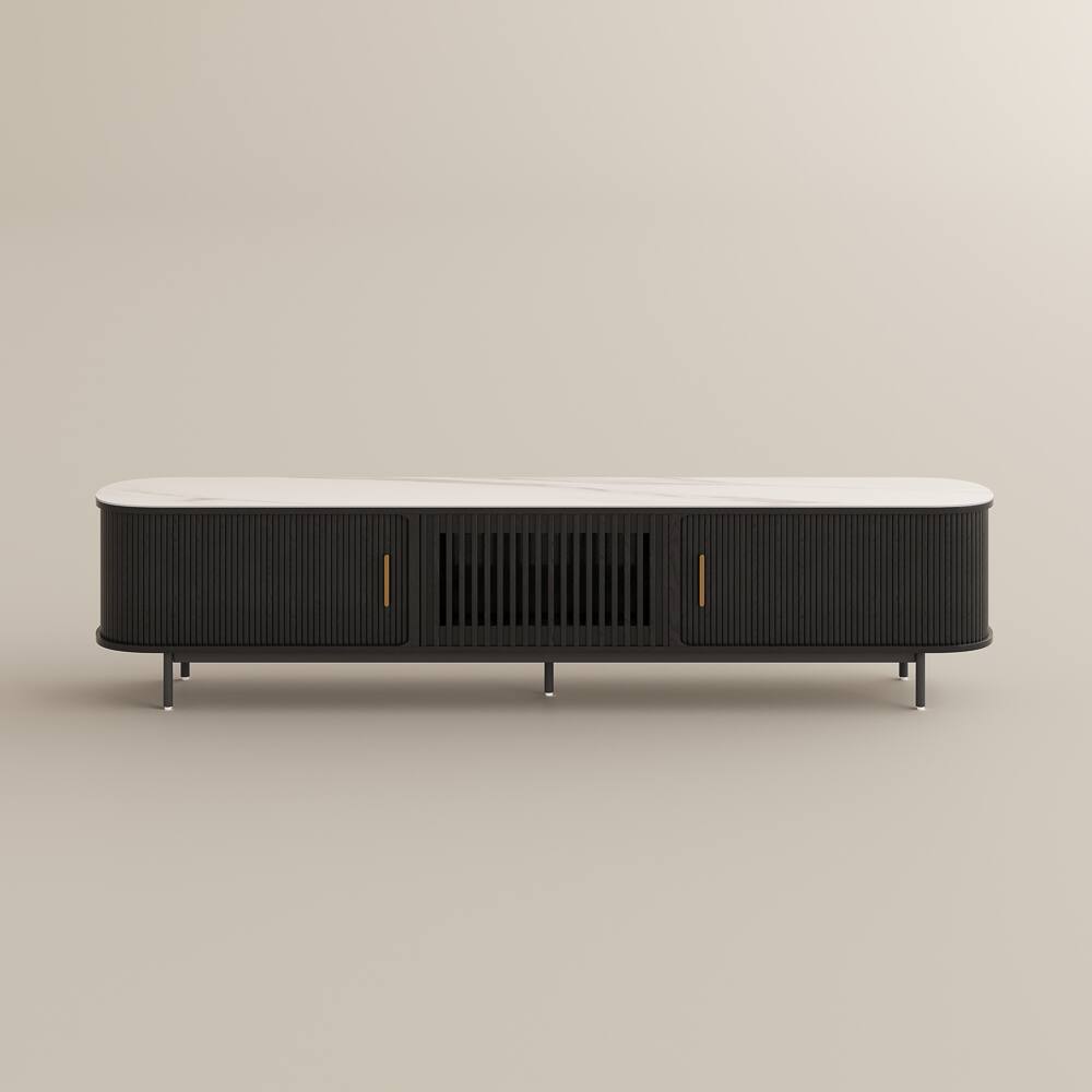 Alt View 7. POVISON - 94"Mid-Century Modern Glossy Sintered Stone Tabletop TV Stand - Black with Sintered Stone.