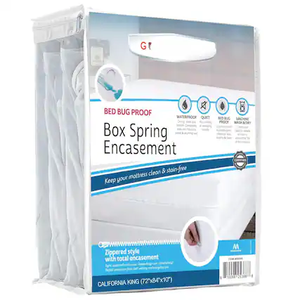 Sure, here is the corrected and grouped text from the image:
---
**G F**
**BED BUG PROOF Box Spring Encasement**
Keep your mattress clean & stain-free
**Zippered style with total encasement**
Tight zippered enclosure...keeps bugs out completely!
Perfect protection from bed wetting and everyday use
**CALIFORNIA KING (72"x84"x10")**
**Features:**
- **WATERPROOF**
On top, sealed bottom. Completely seals out moisture, sweat & anything wet.
- **QUIET**
No crinkling sounds.
- **BED BUG PROOF**
Dust mite proof. Hypoallergenic. Chemical-free & clean.
- **MACHINE WASH & DRY**
Check care label on the life of this product.
**Certified**
**M**
**master tex**
**ITEM #00955**
**8 10096 225388 8**
---
This text is organized to reflect the product's features and specifications as shown on the packaging.