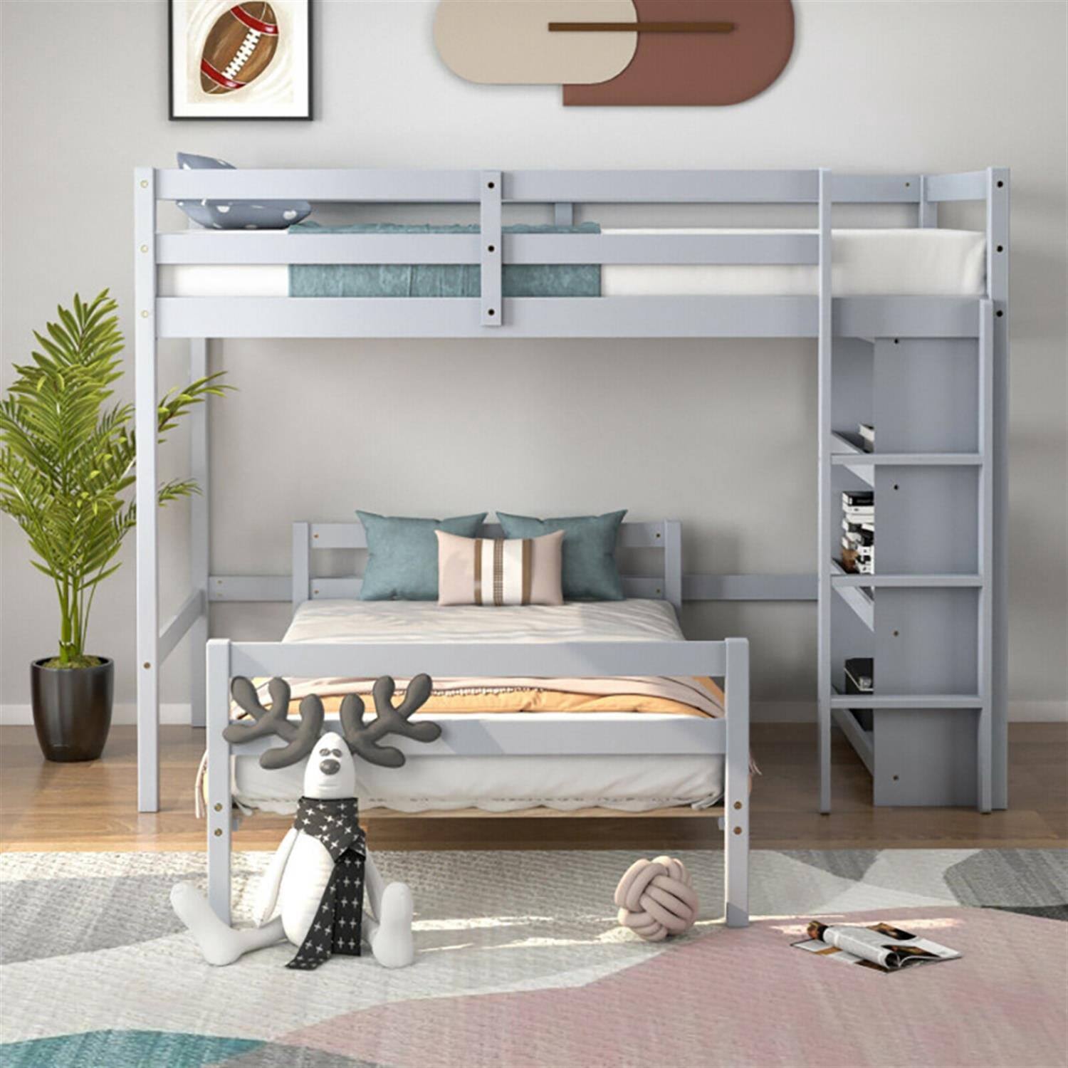 Alt View 6. Pefilos - Twin Over Twin Loft Bunk Bed with Bookcase, Twin Bunk Beds, Space-saving Solid Wood House Bed Frame - Gray.