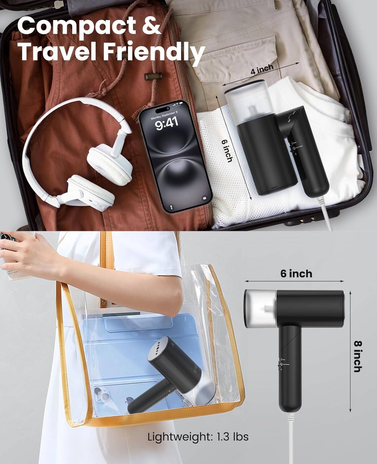 Compact & Travel Friendly

4 inch  
6 inch  
8 inch  
9 inch  

Lightweight: 1.3 lbs