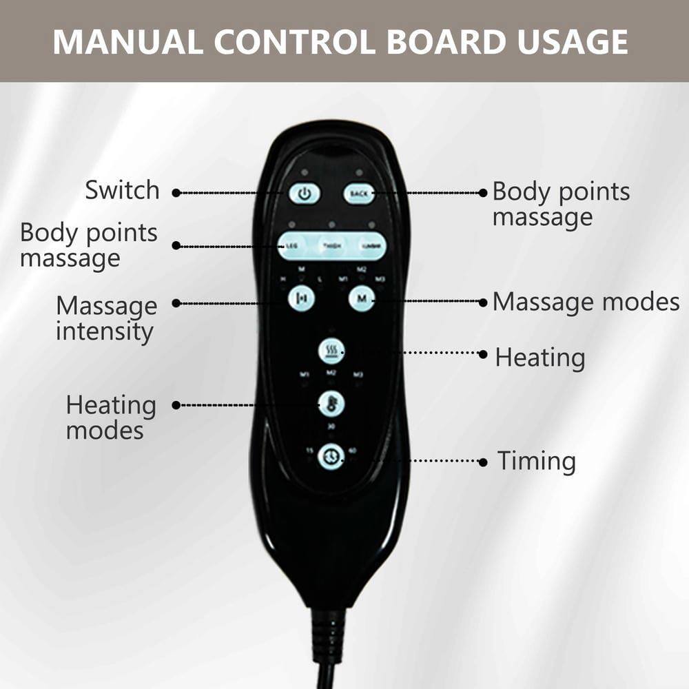 MANUAL CONTROL BOARD USAGE

- Switch
- Body points massage
- Massage intensity
- Heating modes
- Body points massage
- Massage modes
- Heating
- Timing