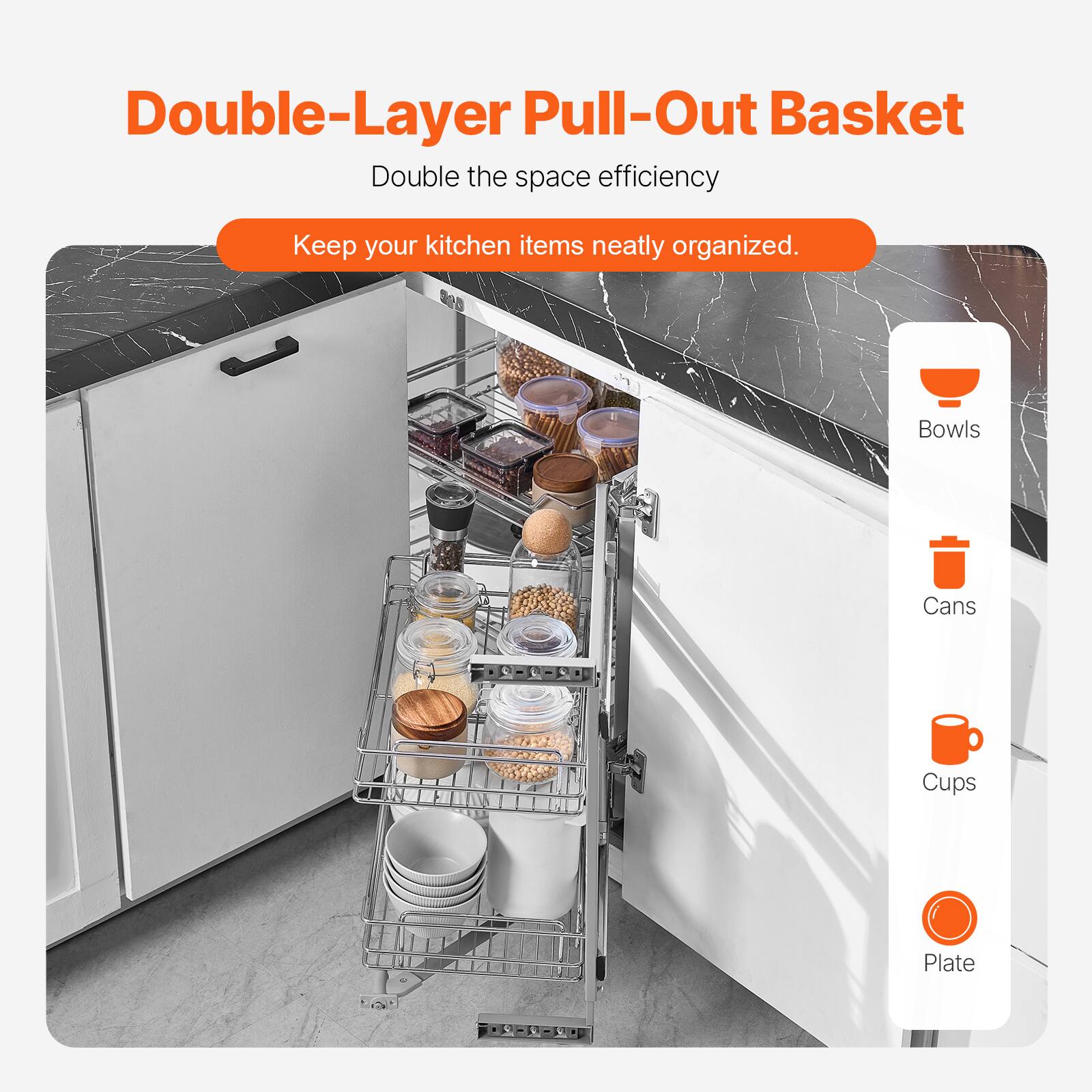 Double-Layer Pull-Out Basket  
Double the space efficiency  
Keep your kitchen items neatly organized.  

Bowls  
Cans  
Cups  
Plate