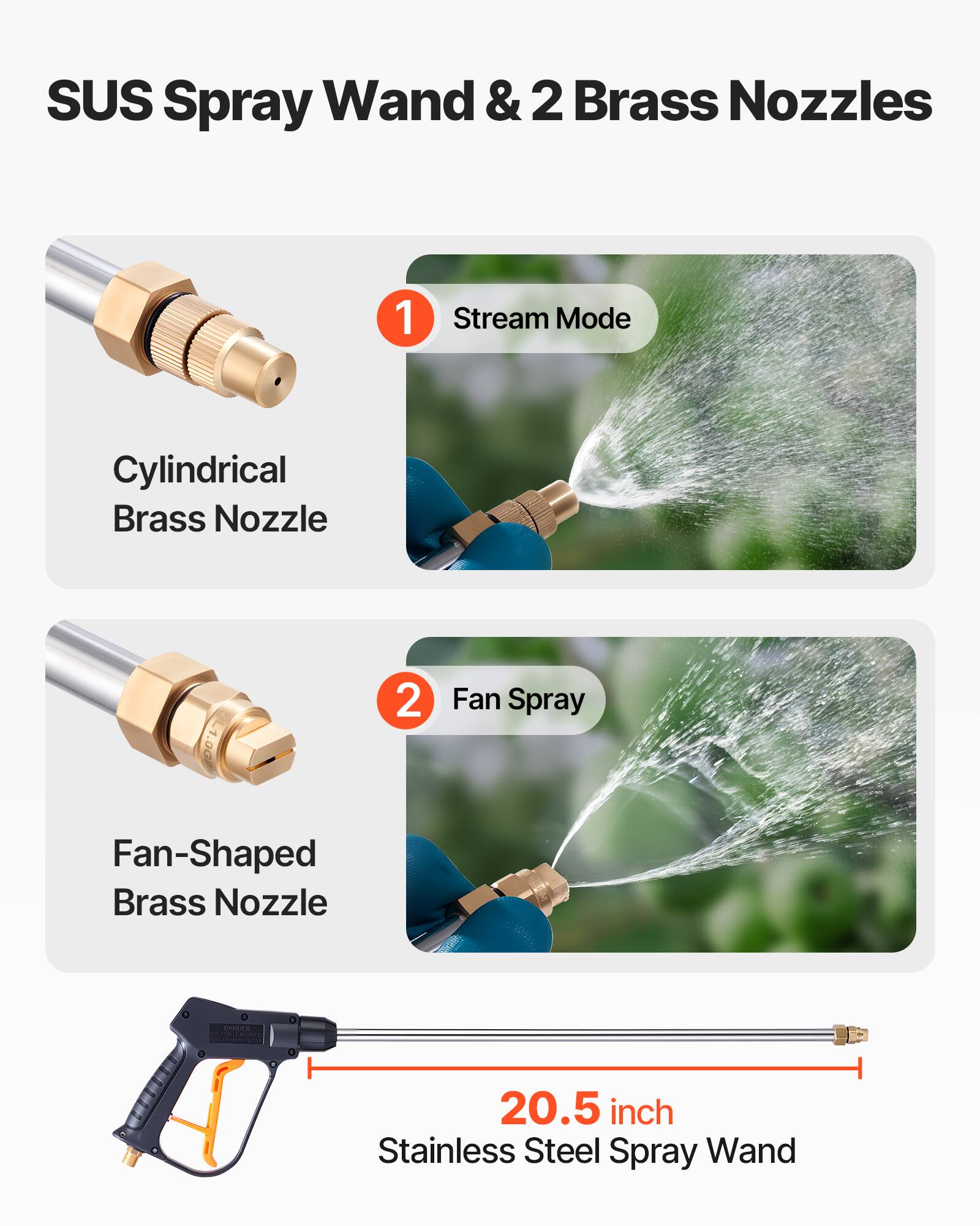 SUS Spray Wand & 2 Brass Nozzles

1. Stream Mode
   - Cylindrical Brass Nozzle - 1.0G

2. Fan Spray
   - Fan-Shaped Brass Nozzle

20.5 inch Stainless Steel Spray Wand
