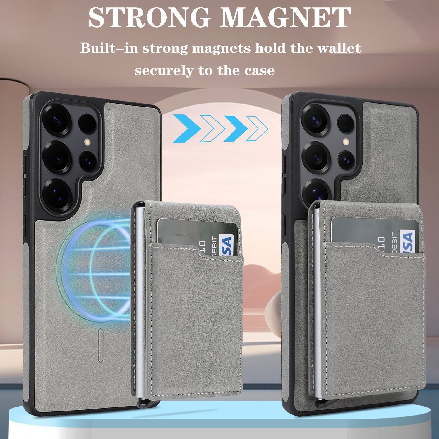 STRONG MAGNET  
Built-in strong magnets hold the wallet securely to the case